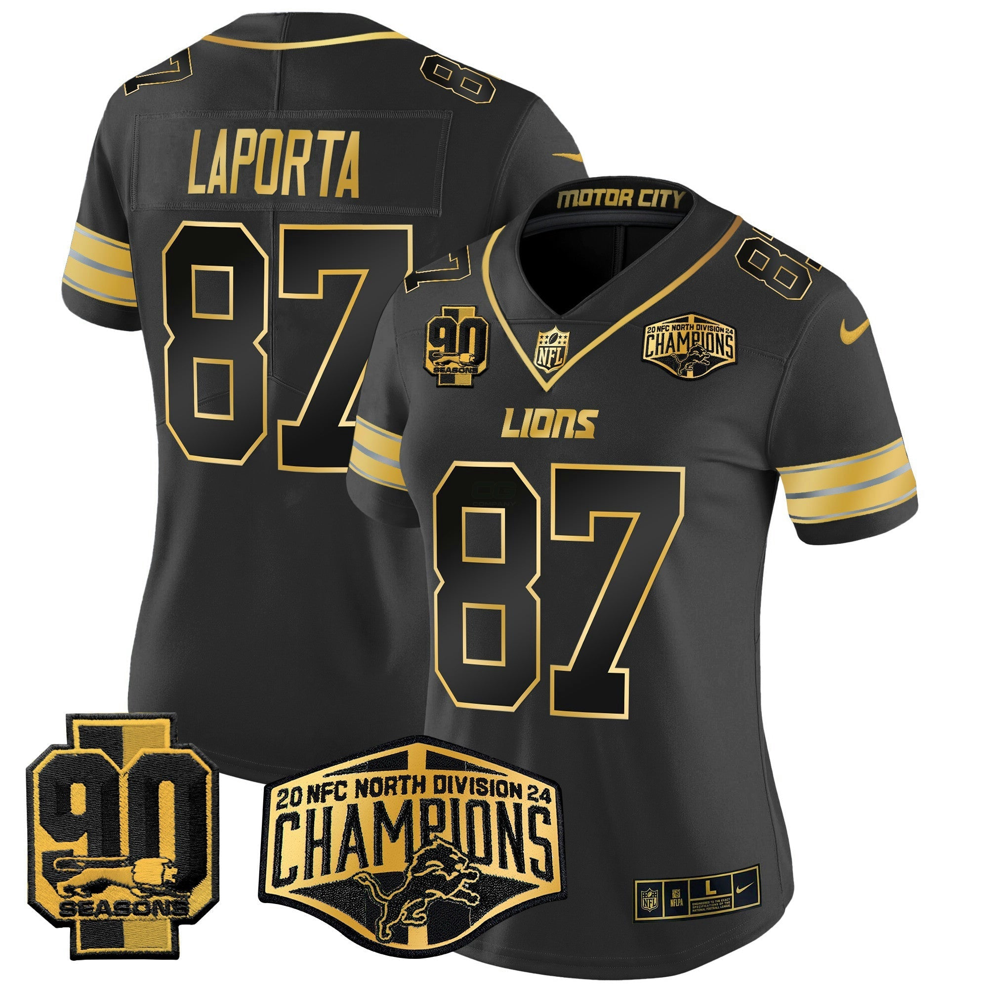 Camisa NFL Women’s Detroit 2024 NFC North Division Champions Patch Dourada Vapor Limited Jersey
