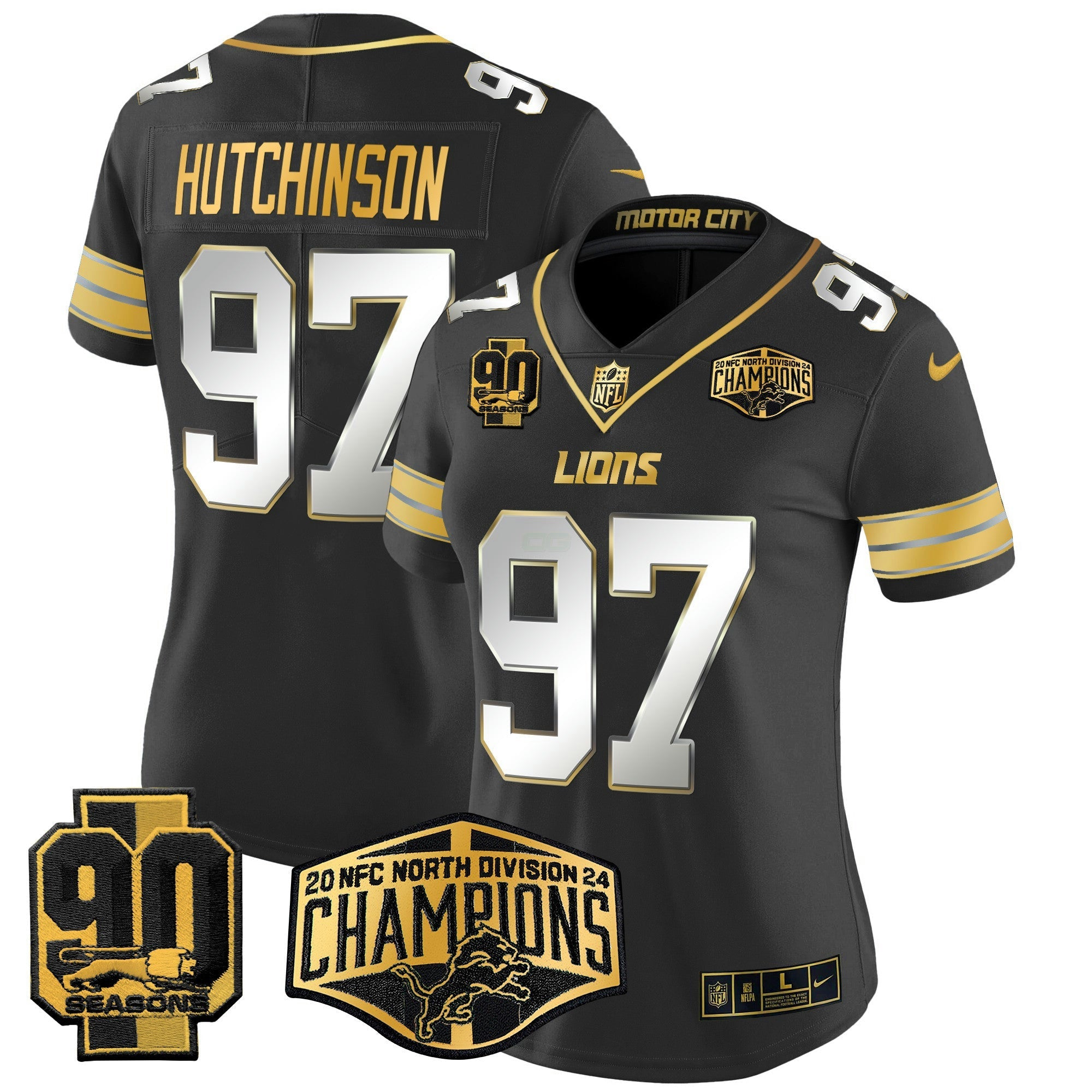 Camisa NFL Women’s Detroit 2024 NFC North Division Champions Patch Dourada Vapor Limited Jersey