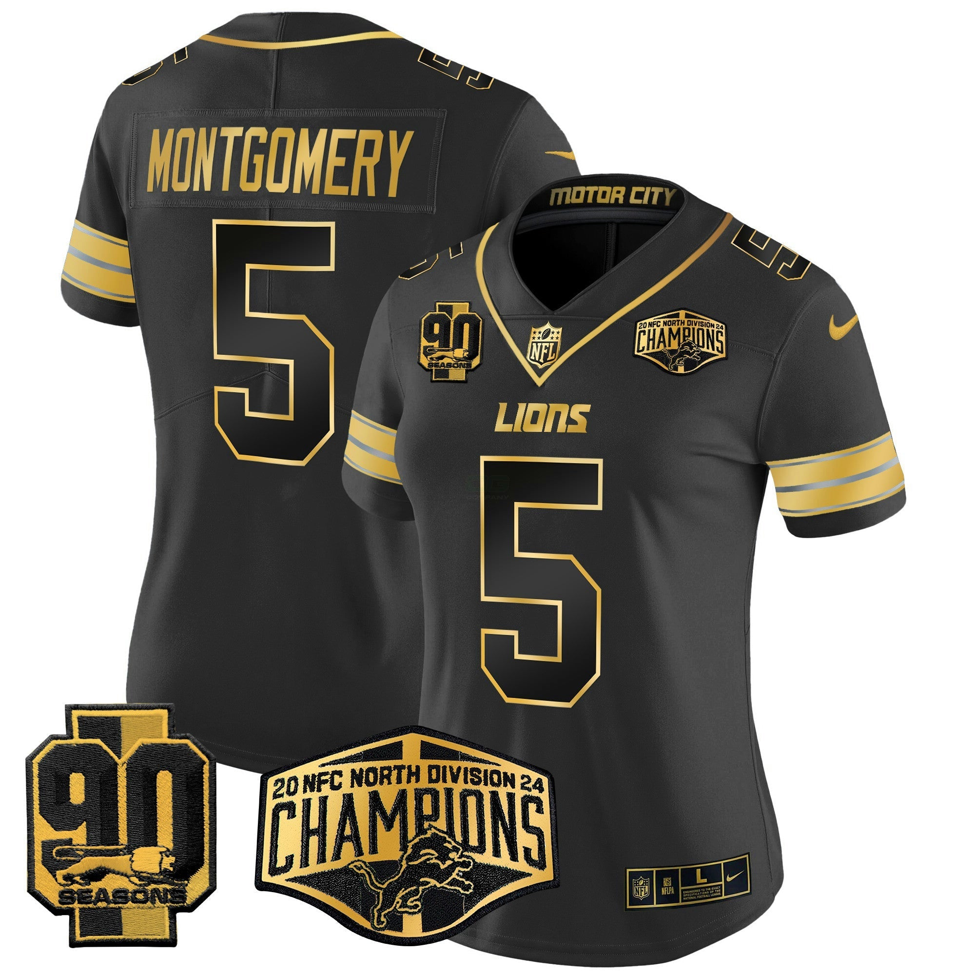 Camisa NFL Women’s Detroit 2024 NFC North Division Champions Patch Dourada Vapor Limited Jersey