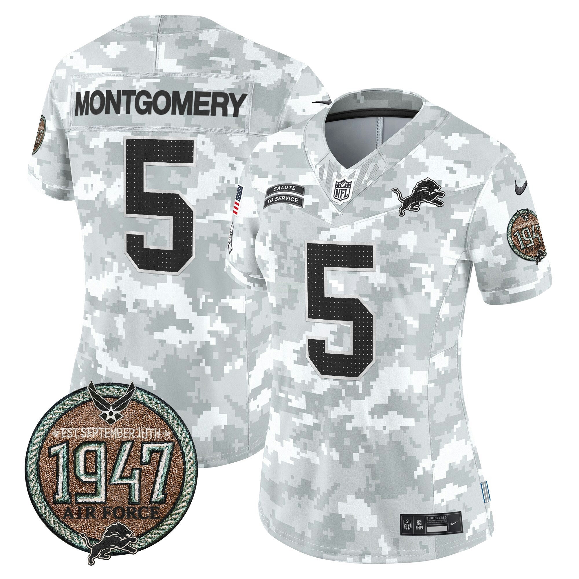 Camisa NFL Women’s Detroit 2024 Salute to Service Establishment Year Patch Vapor Limited Jersey