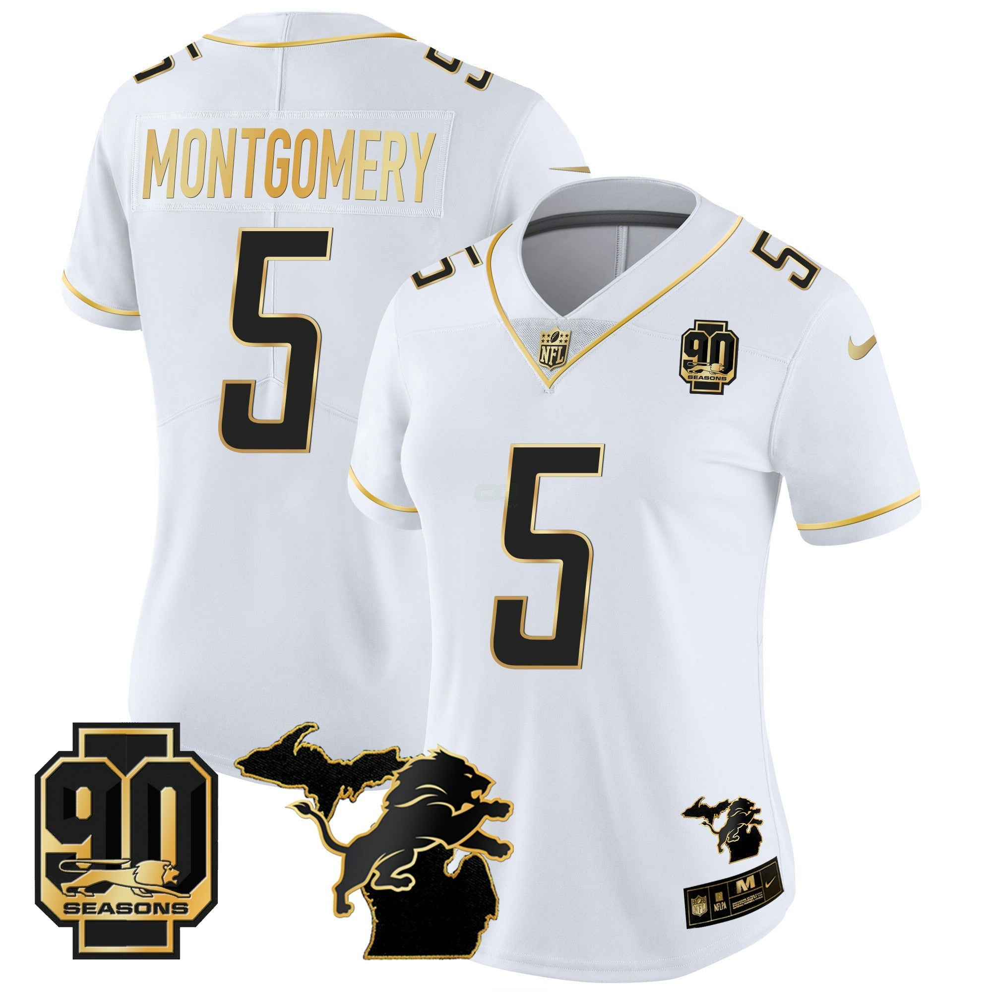 Camisa NFL Women’s Detroit 90th Year & Michigan Patch Dourada Vapor Jersey