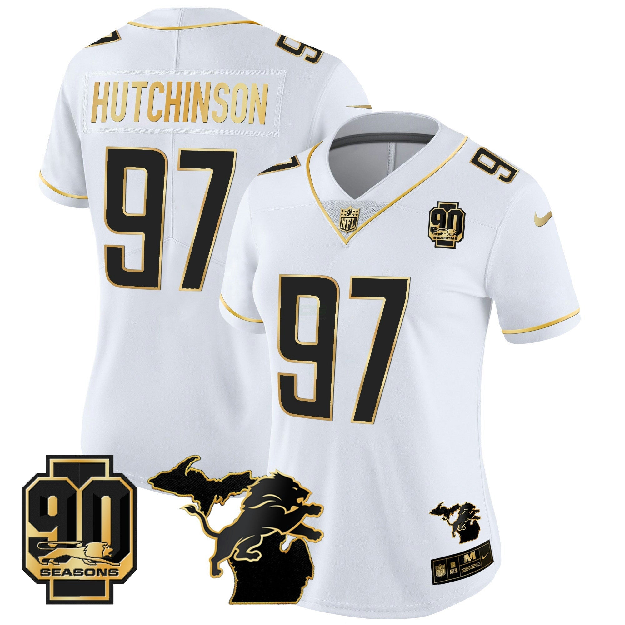 Camisa NFL Women’s Detroit 90th Year & Michigan Patch Dourada Vapor Jersey