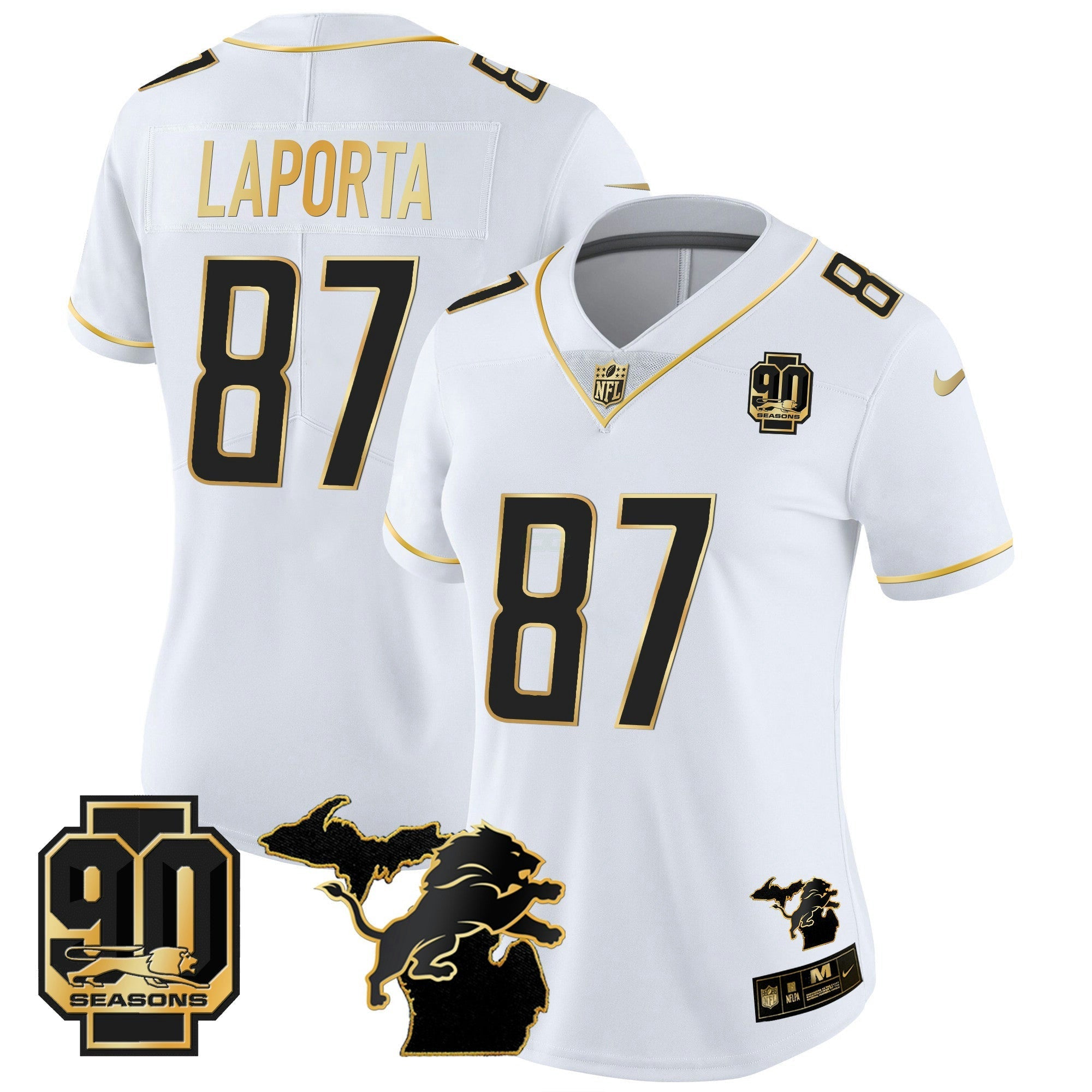 Camisa NFL Women’s Detroit 90th Year & Michigan Patch Dourada Vapor Jersey