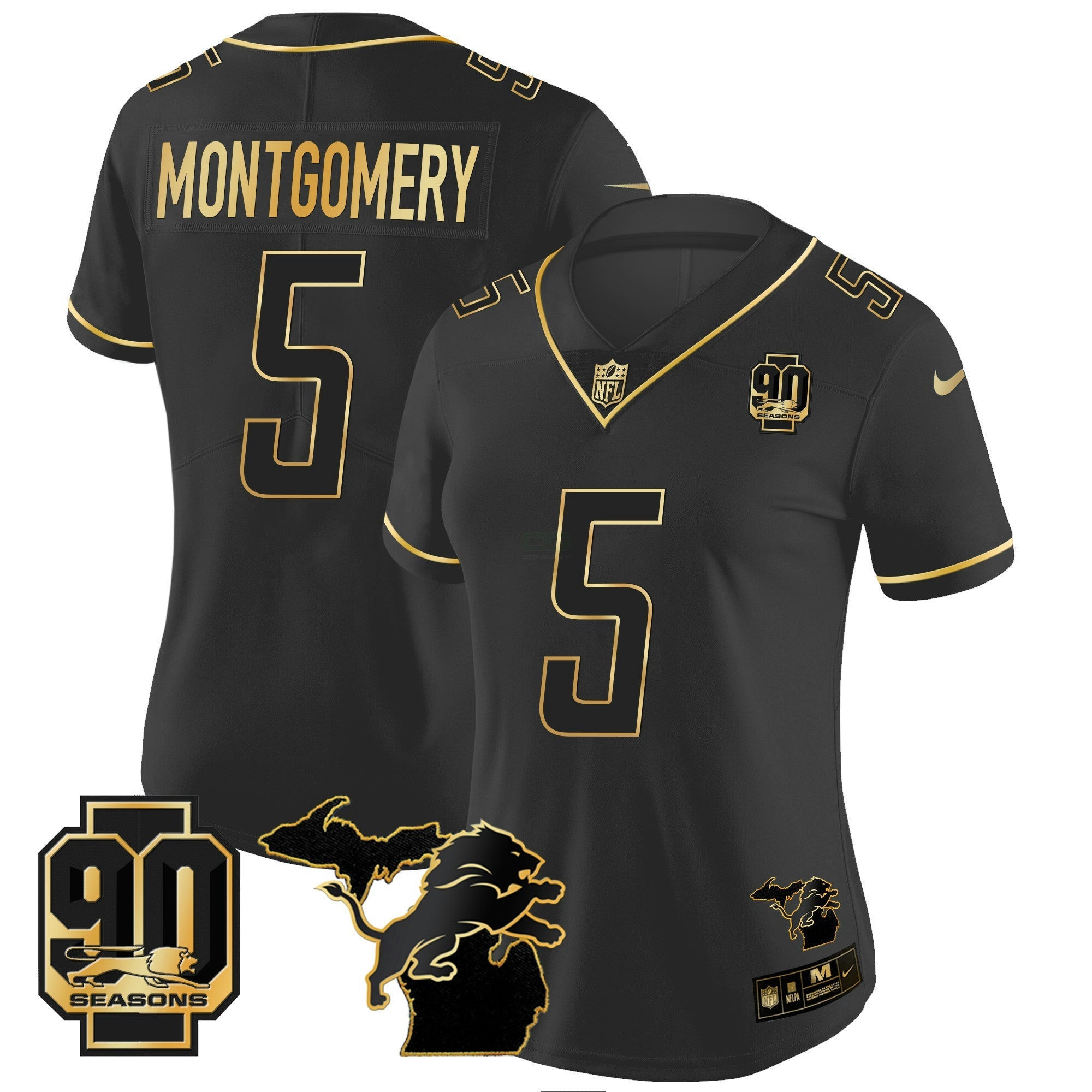 Camisa NFL Women’s Detroit 90th Year & Michigan Patch Dourada Vapor Jersey