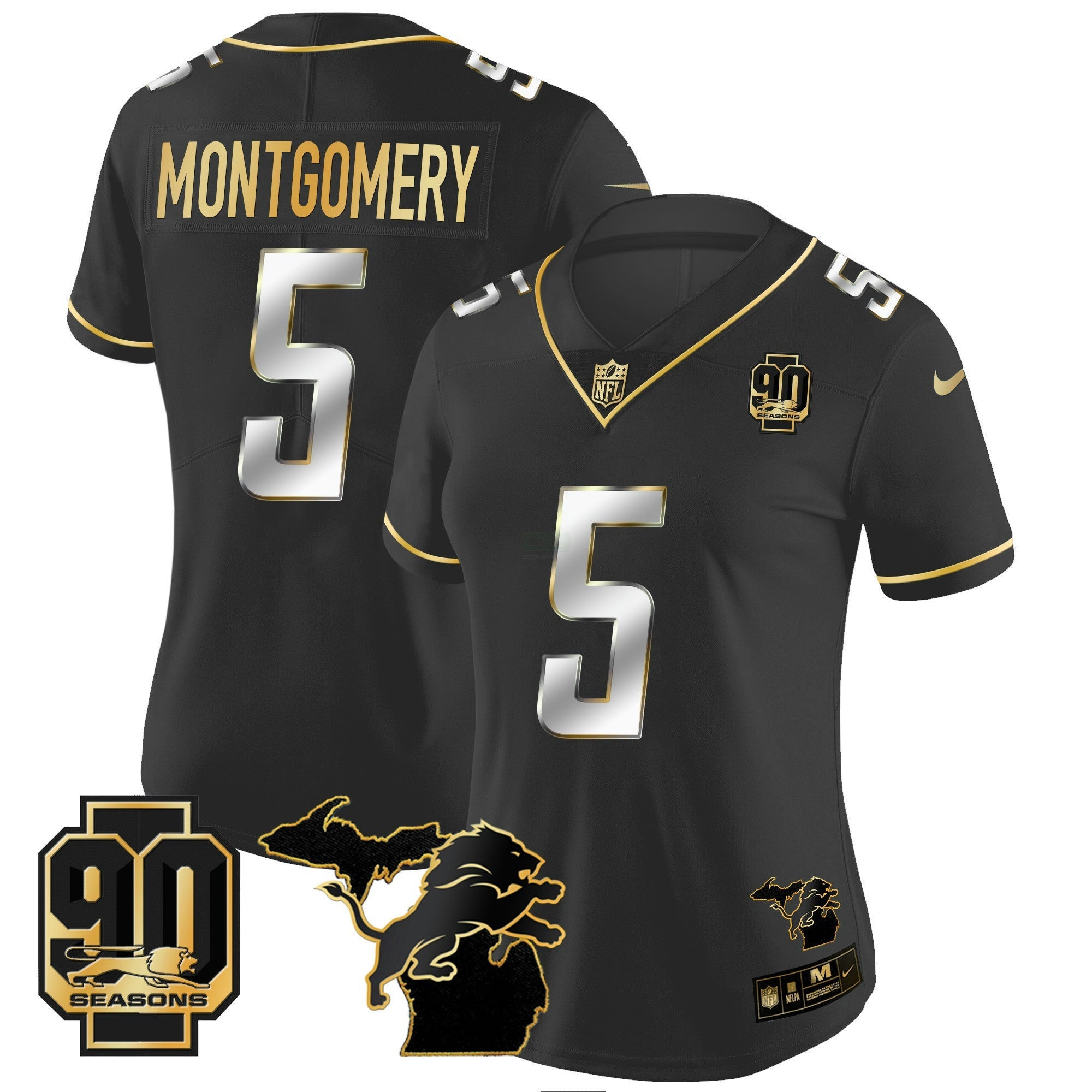 Camisa NFL Women’s Detroit 90th Year & Michigan Patch Dourada Vapor Jersey