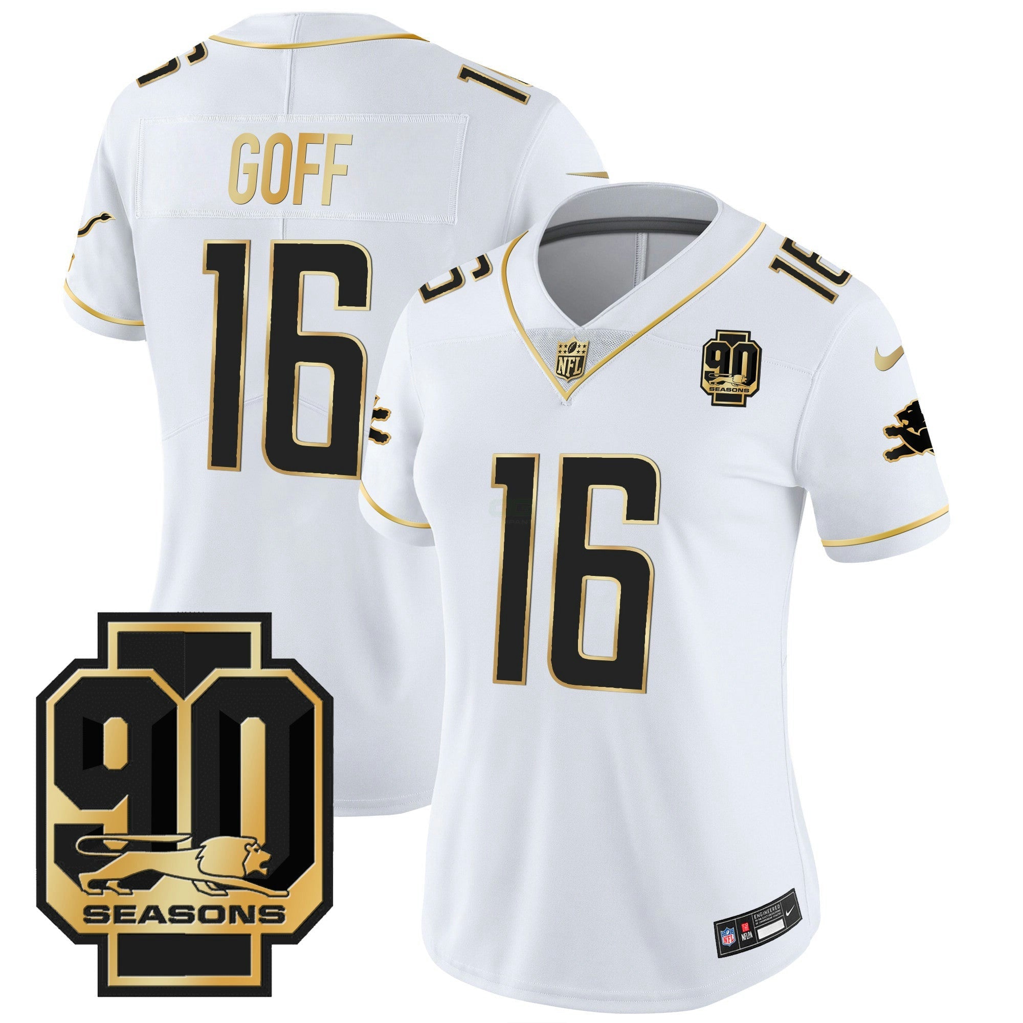 Camisa NFL Women’s Detroit 90th Year Patch Dourada Jersey