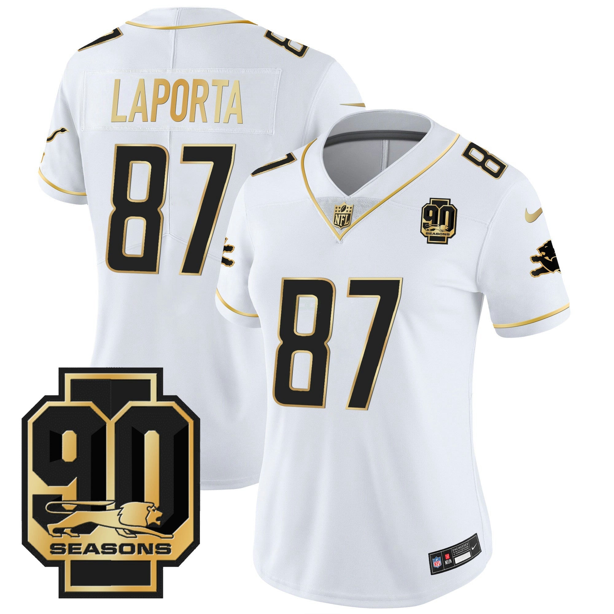 Camisa NFL Women’s Detroit 90th Year Patch Dourada Jersey