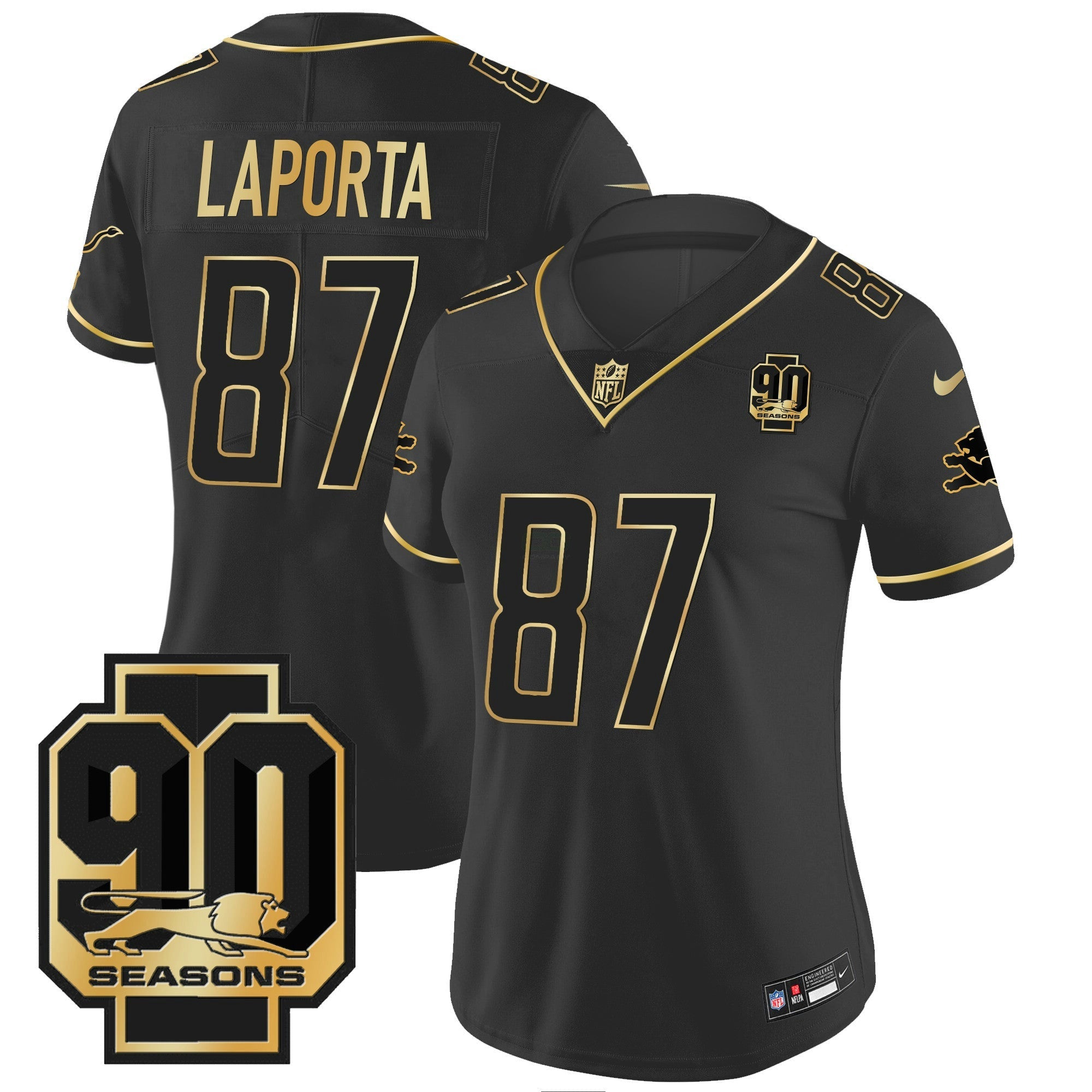 Camisa NFL Women’s Detroit 90th Year Patch Dourada Jersey