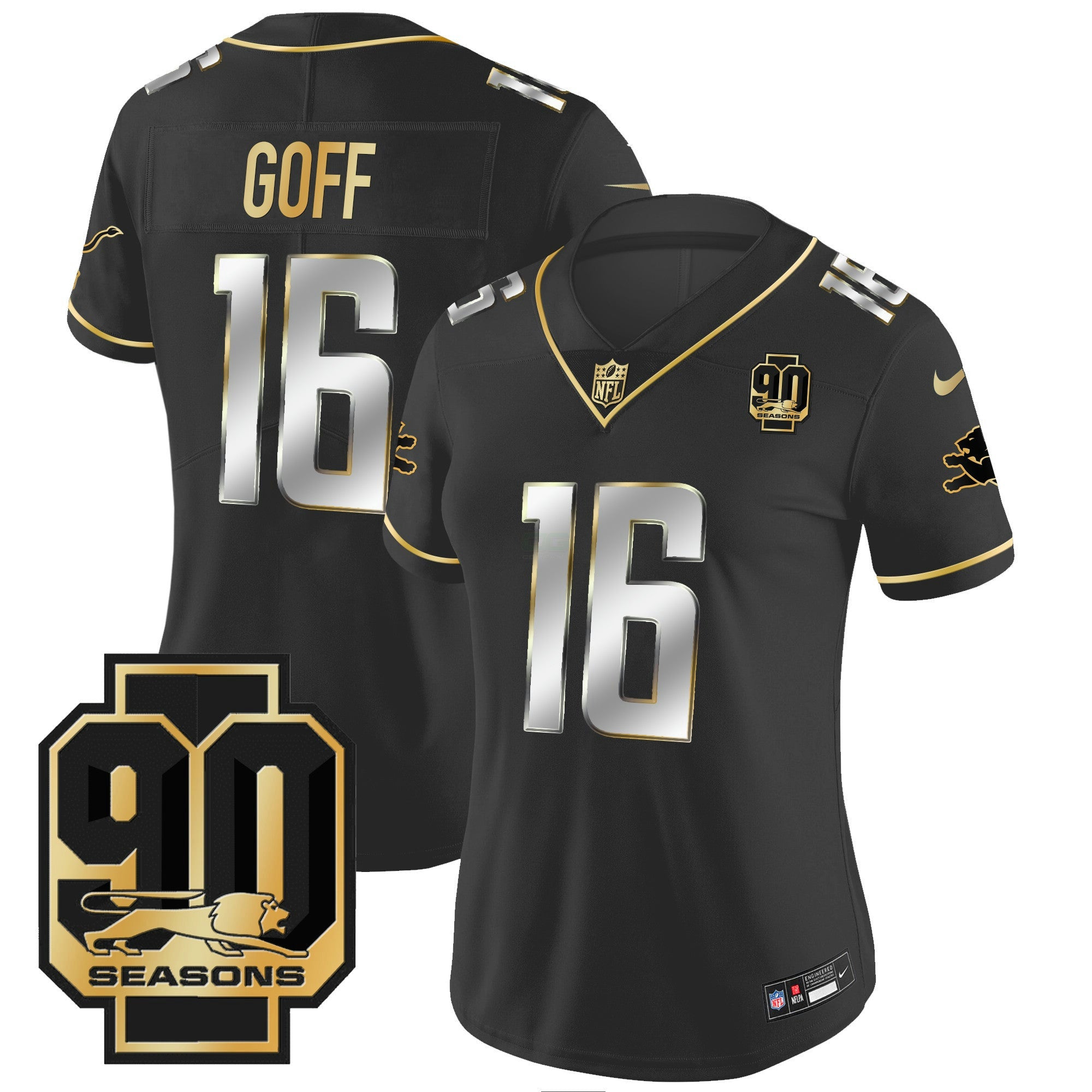 Camisa NFL Women’s Detroit 90th Year Patch Dourada Jersey