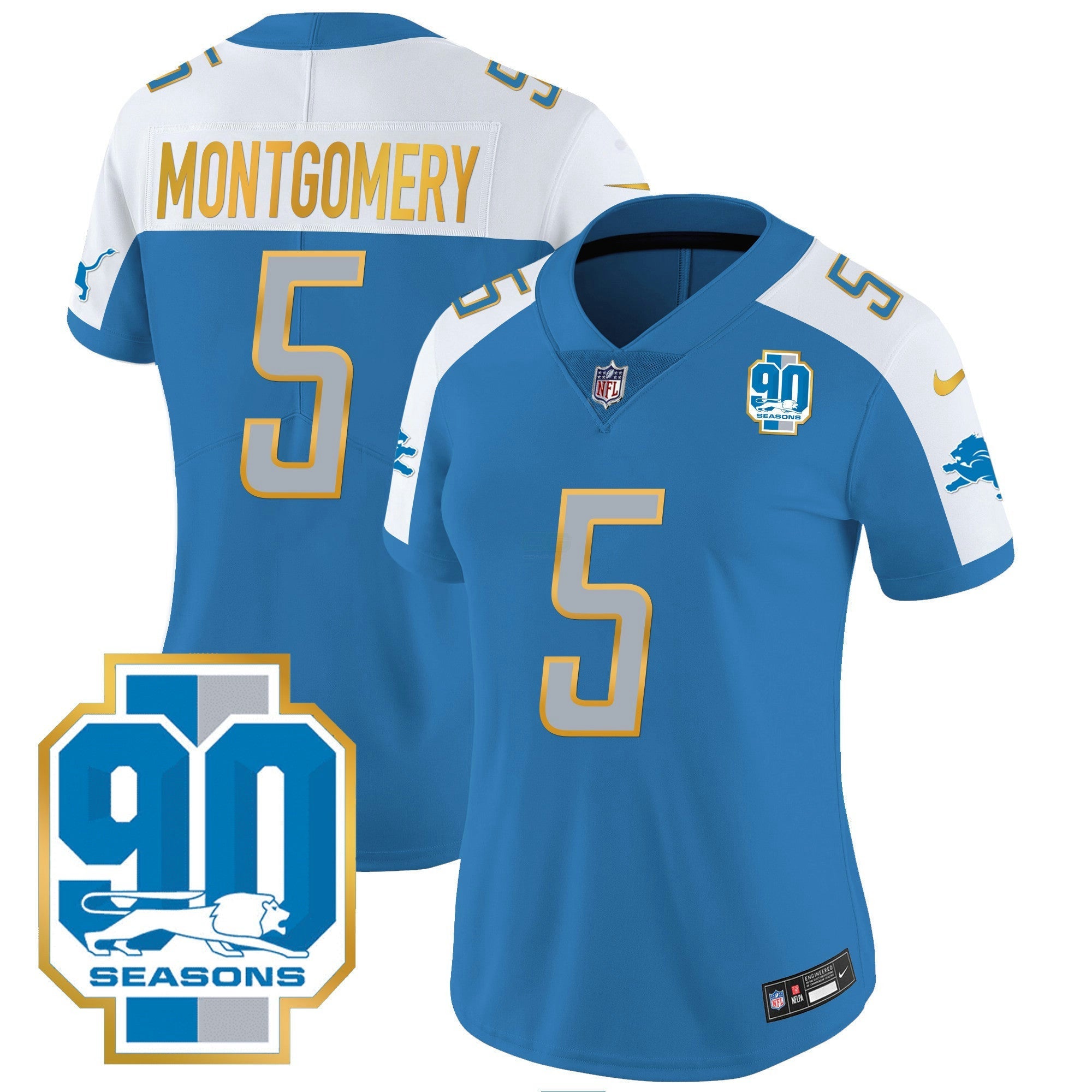 Camisa NFL Women’s Detroit 90th Year Patch Dourada Trim Jersey
