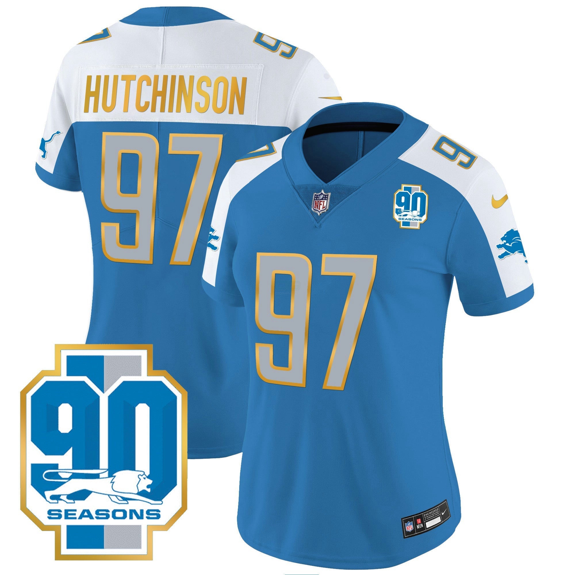 Camisa NFL Women’s Detroit 90th Year Patch Dourada Trim Jersey