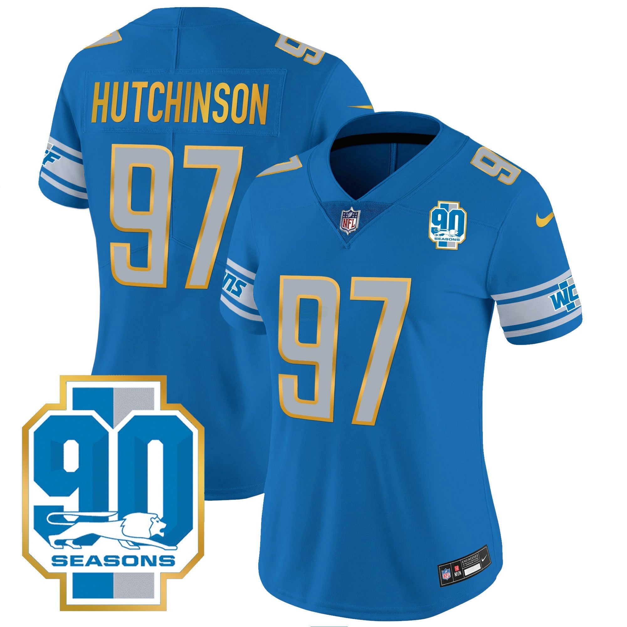 Camisa NFL Women’s Detroit 90th Year Patch Dourada Trim Jersey