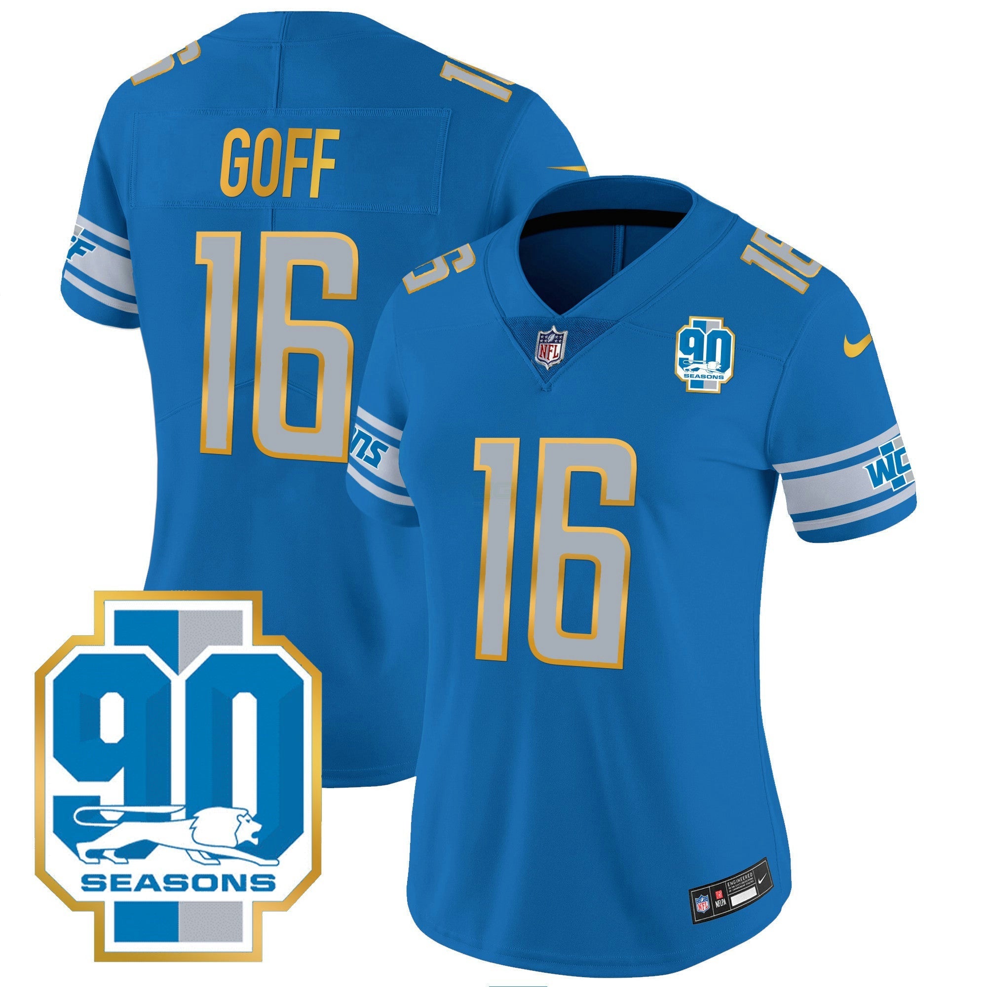 Camisa NFL Women’s Detroit 90th Year Patch Dourada Trim Jersey