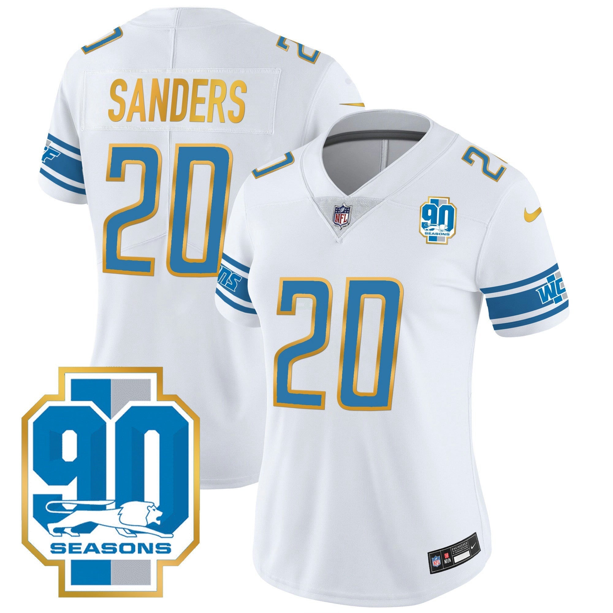 Camisa NFL Women’s Detroit 90th Year Patch Dourada Trim Jersey