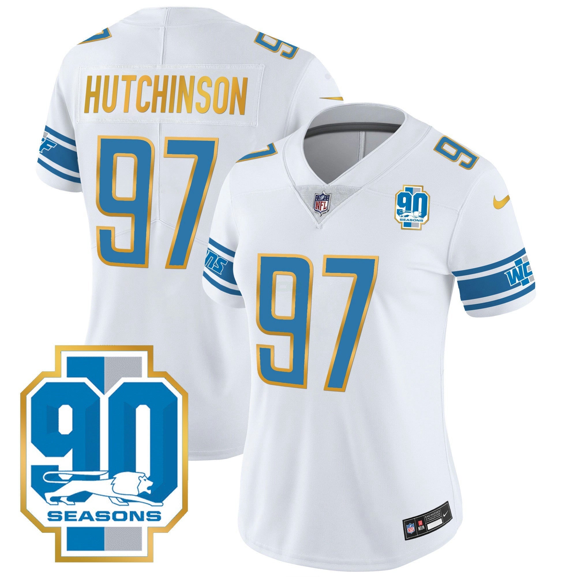 Camisa NFL Women’s Detroit 90th Year Patch Dourada Trim Jersey