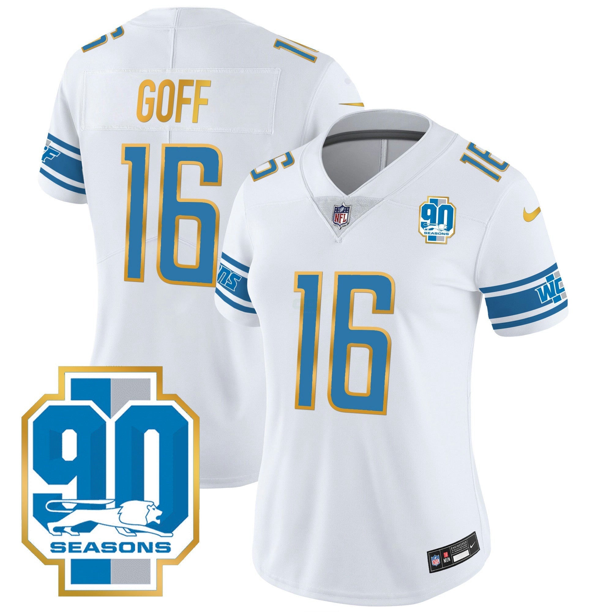 Camisa NFL Women’s Detroit 90th Year Patch Dourada Trim Jersey