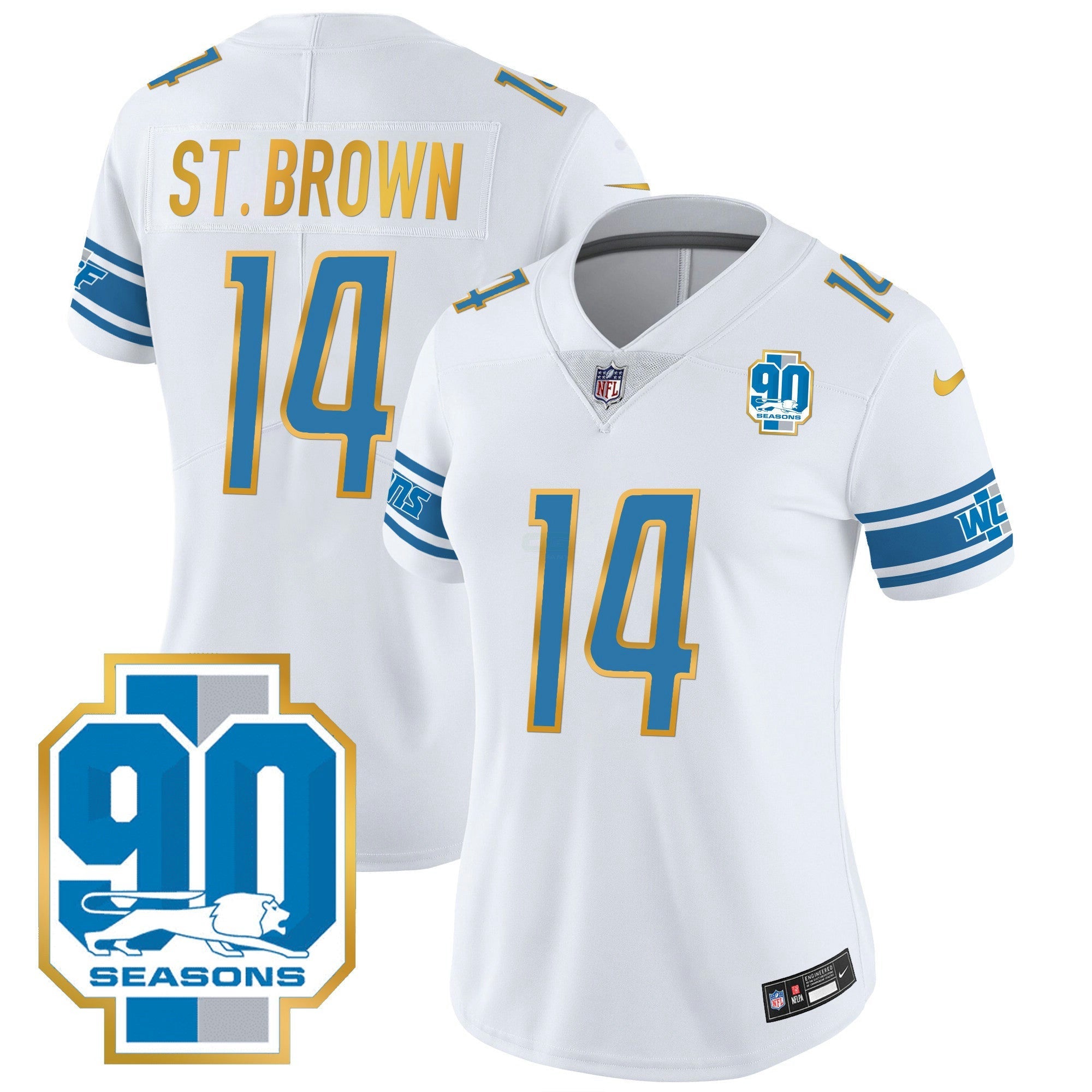 Camisa NFL Women’s Detroit 90th Year Patch Dourada Trim Jersey