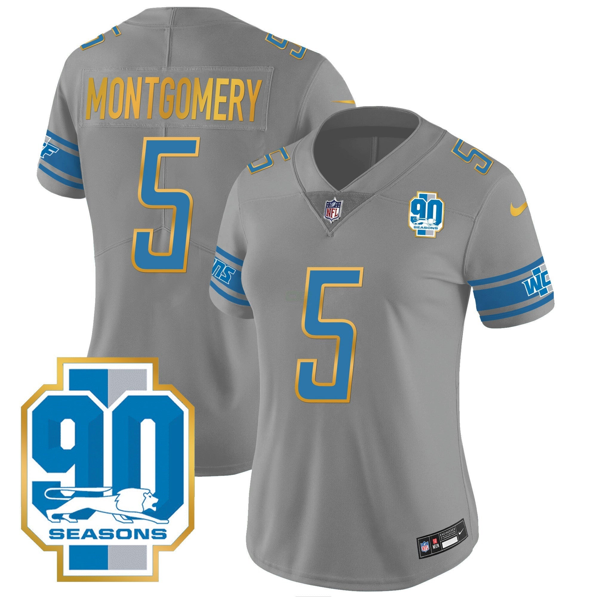 Camisa NFL Women’s Detroit 90th Year Patch Dourada Trim Jersey