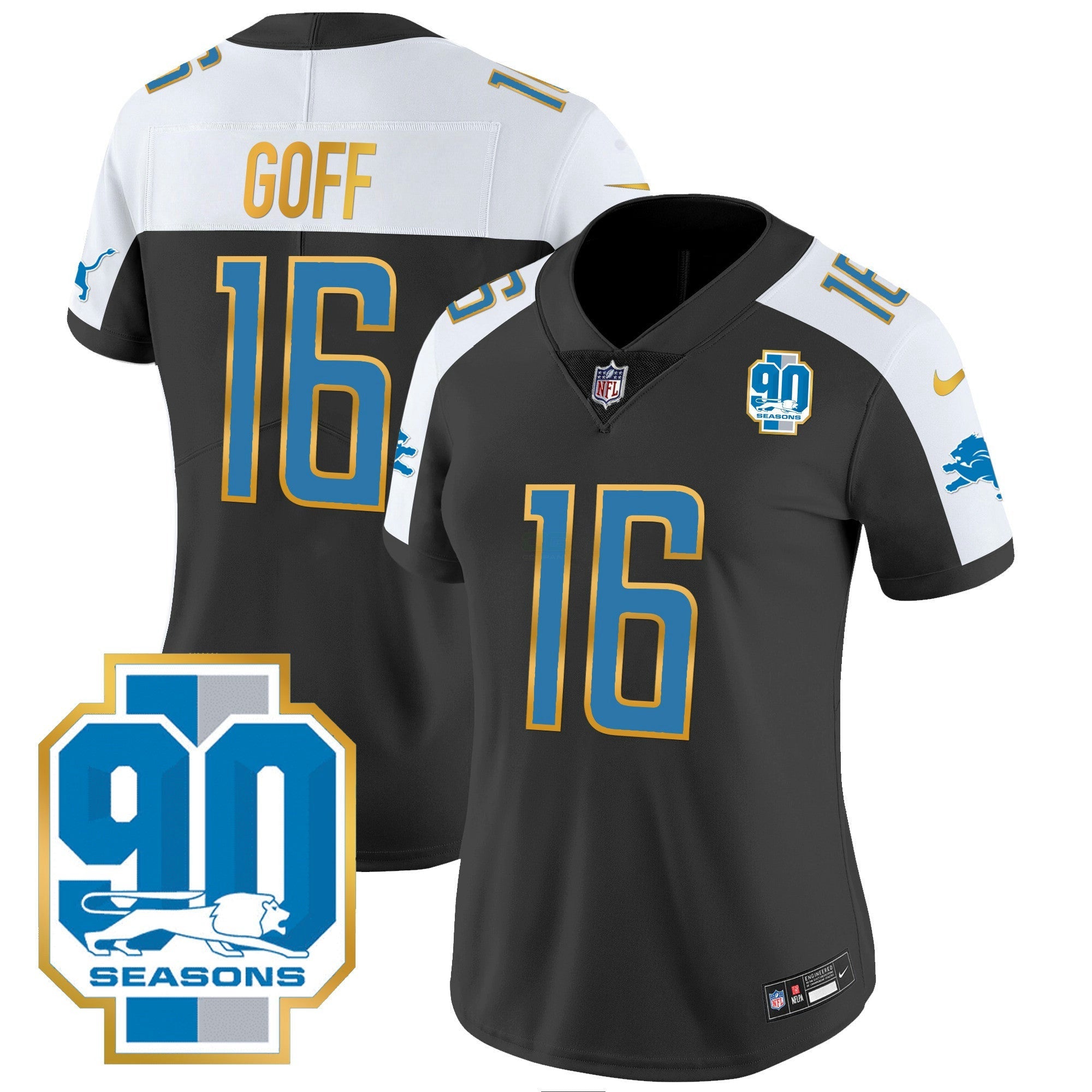 Camisa NFL Women’s Detroit 90th Year Patch Dourada Trim Jersey