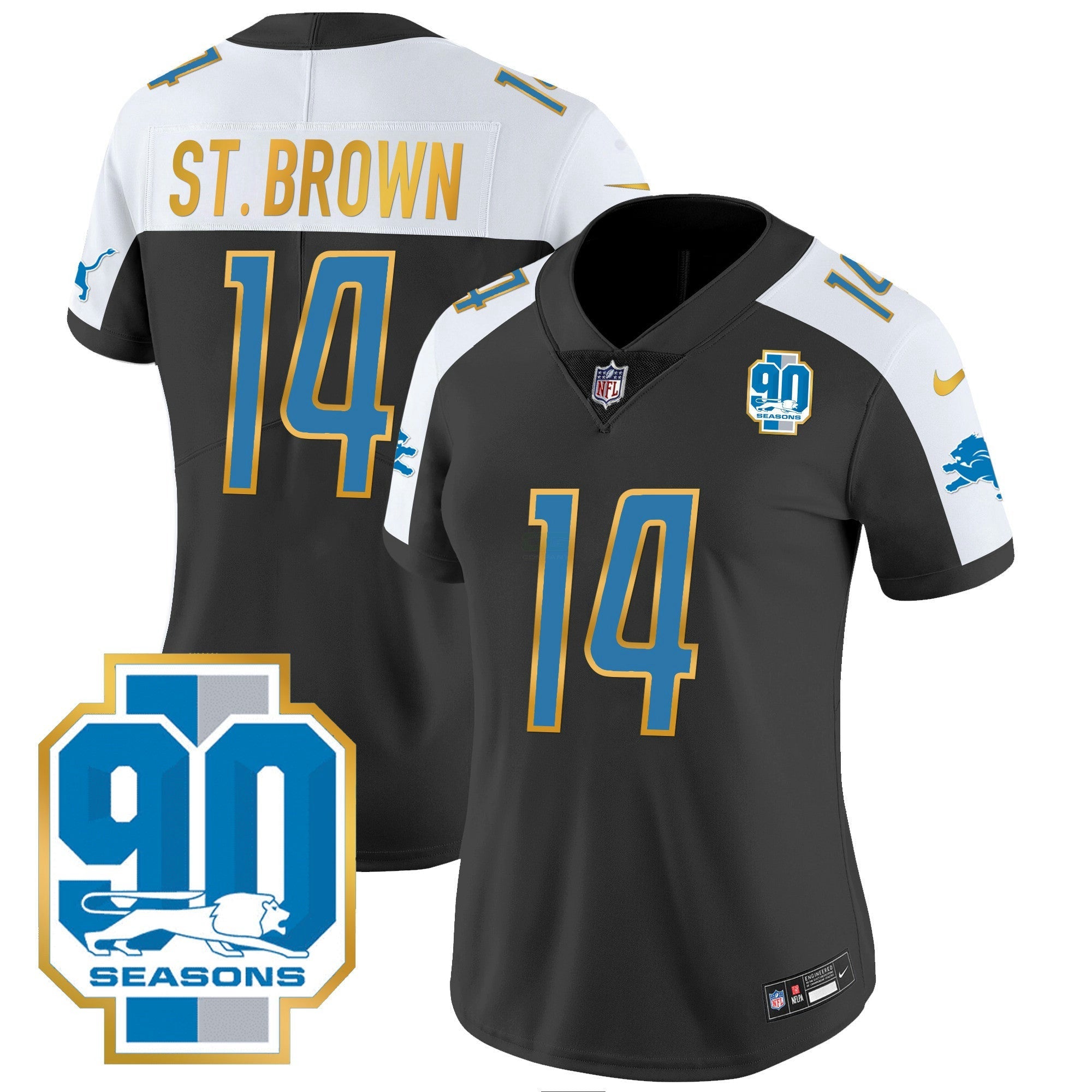 Camisa NFL Women’s Detroit 90th Year Patch Dourada Trim Jersey