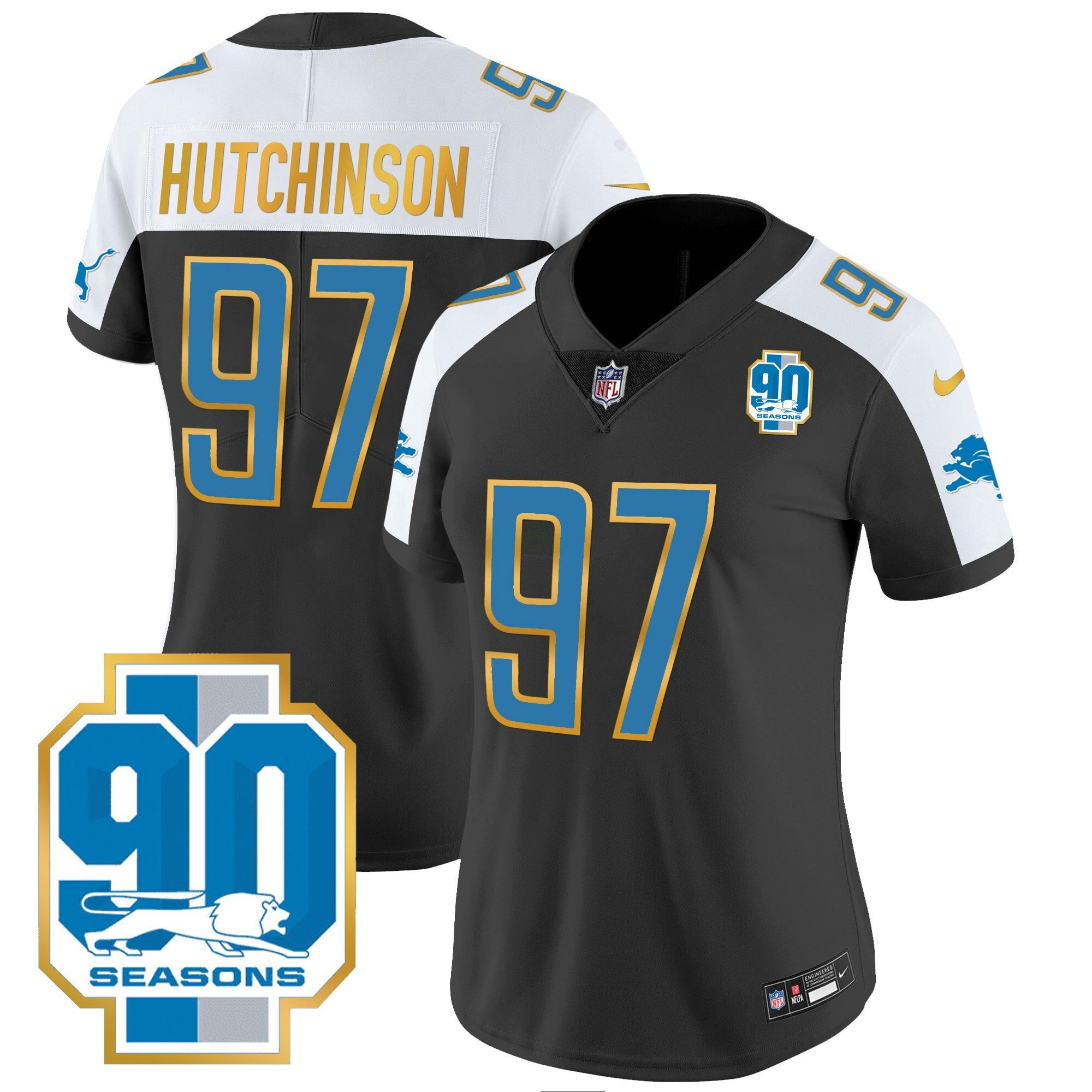 Camisa NFL Women’s Detroit 90th Year Patch Dourada Trim Jersey