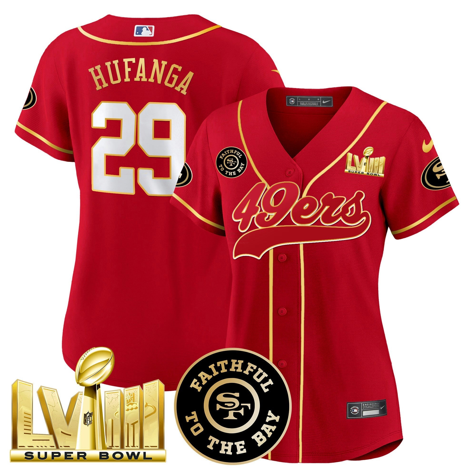 Camisa NFL Women’s Faithful & Super Bowl LVIII Dourada Patch Jersey
