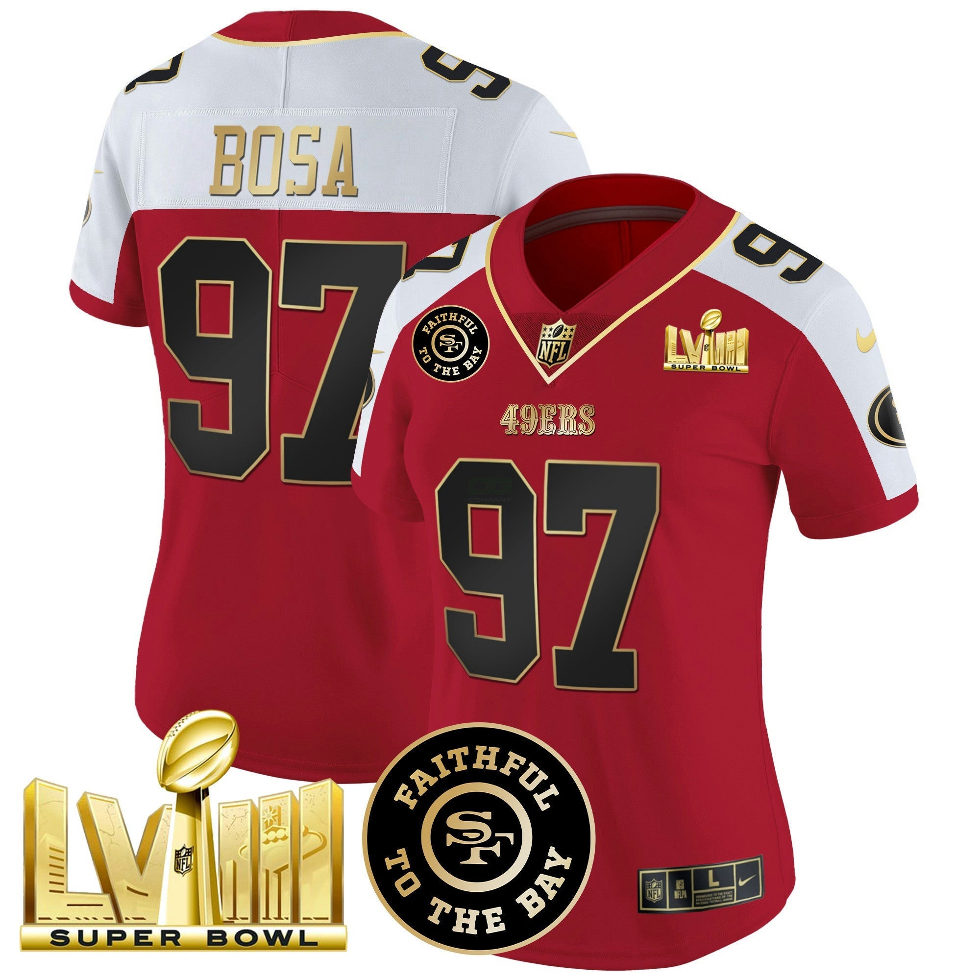 Camisa NFL Women’s Faithful & Super Bowl LVIII Dourada Patch Vapor Jersey