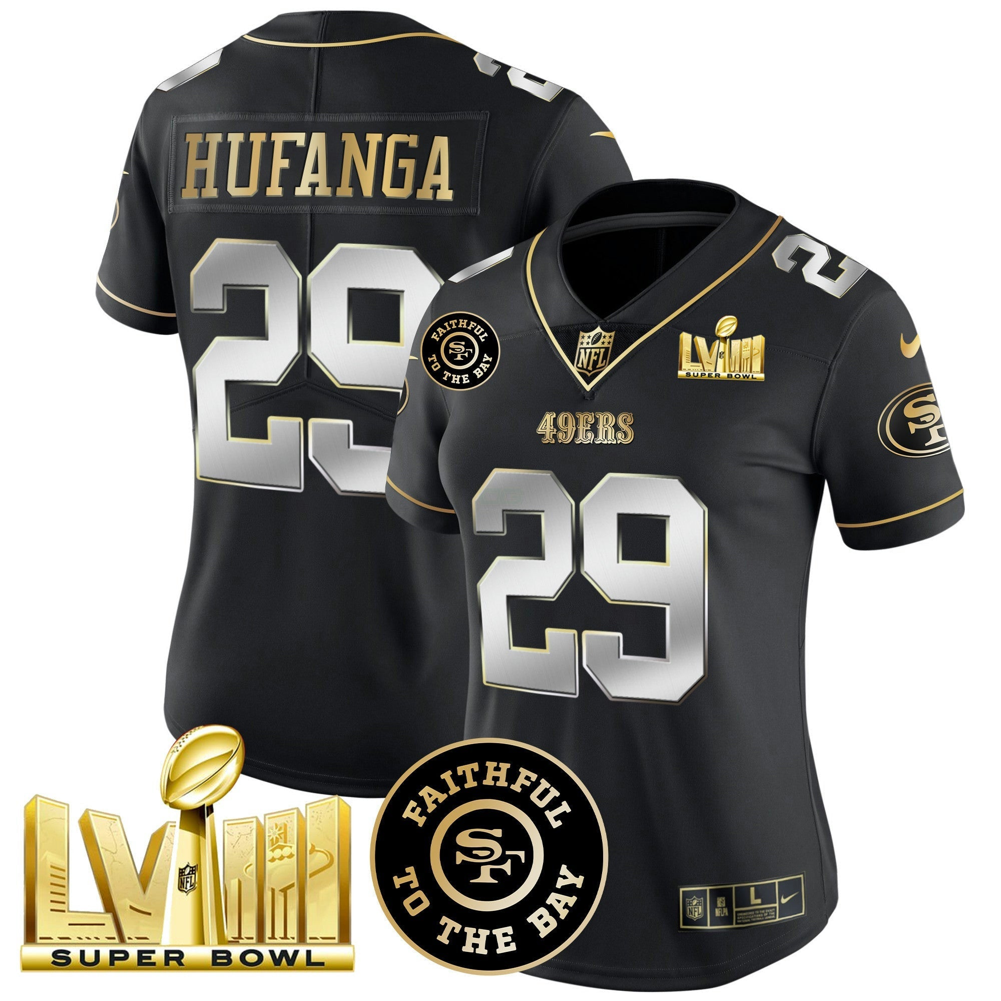 Camisa NFL Women’s Faithful & Super Bowl LVIII Dourada Patch Vapor Jersey
