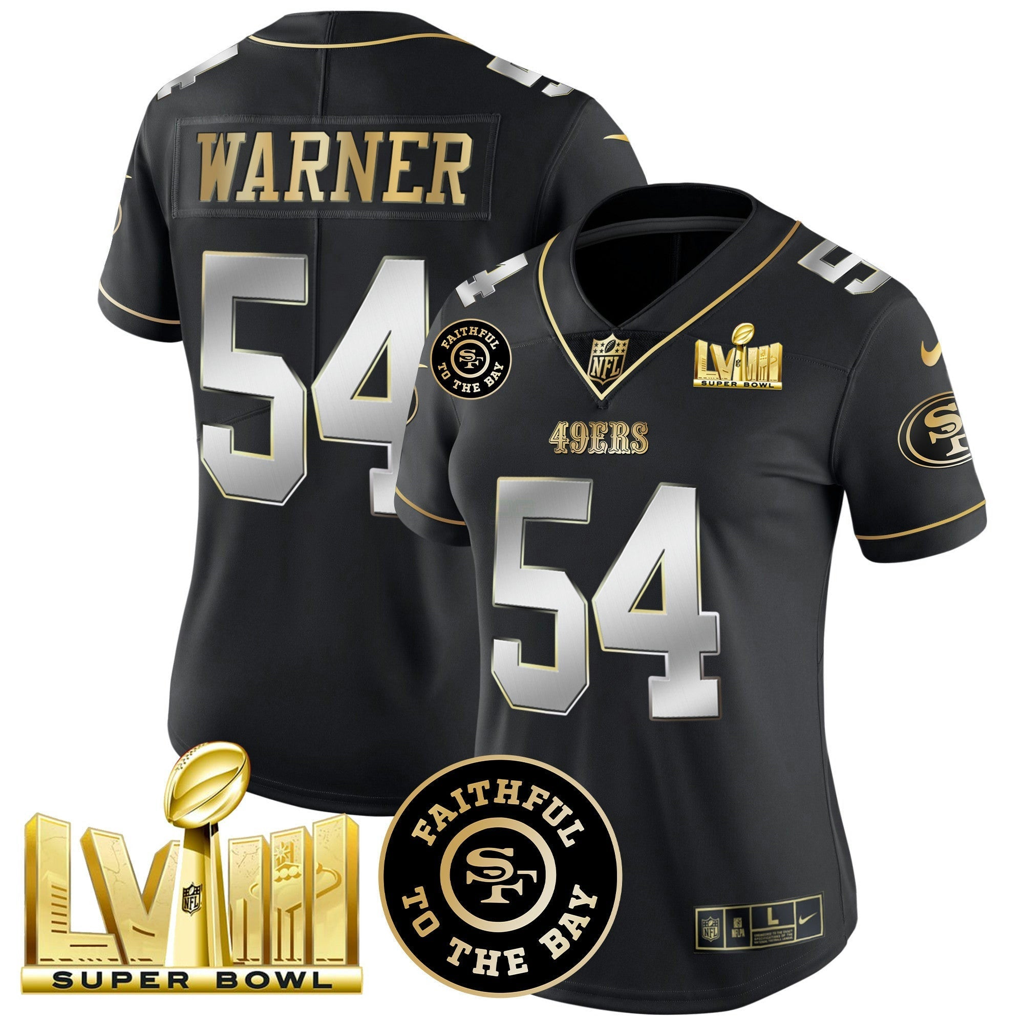 Camisa NFL Women’s Faithful & Super Bowl LVIII Dourada Patch Vapor Jersey