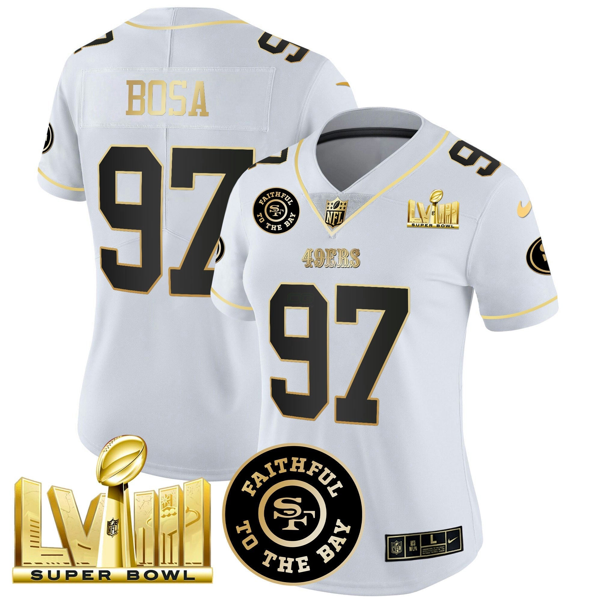 Camisa NFL Women’s Faithful & Super Bowl LVIII Dourada Patch Vapor Jersey V2