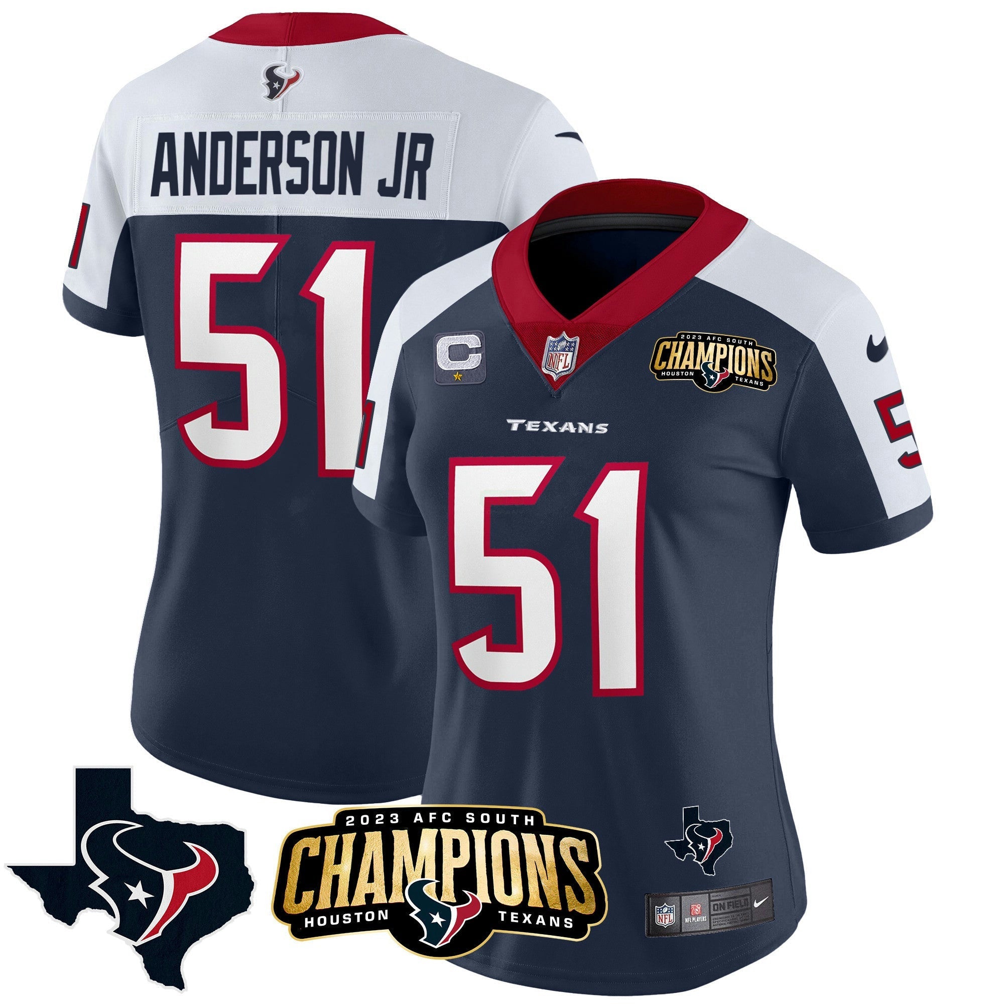Camisa NFL Women’s Houston 2023 AFC South Champions Patch Vapor Jersey