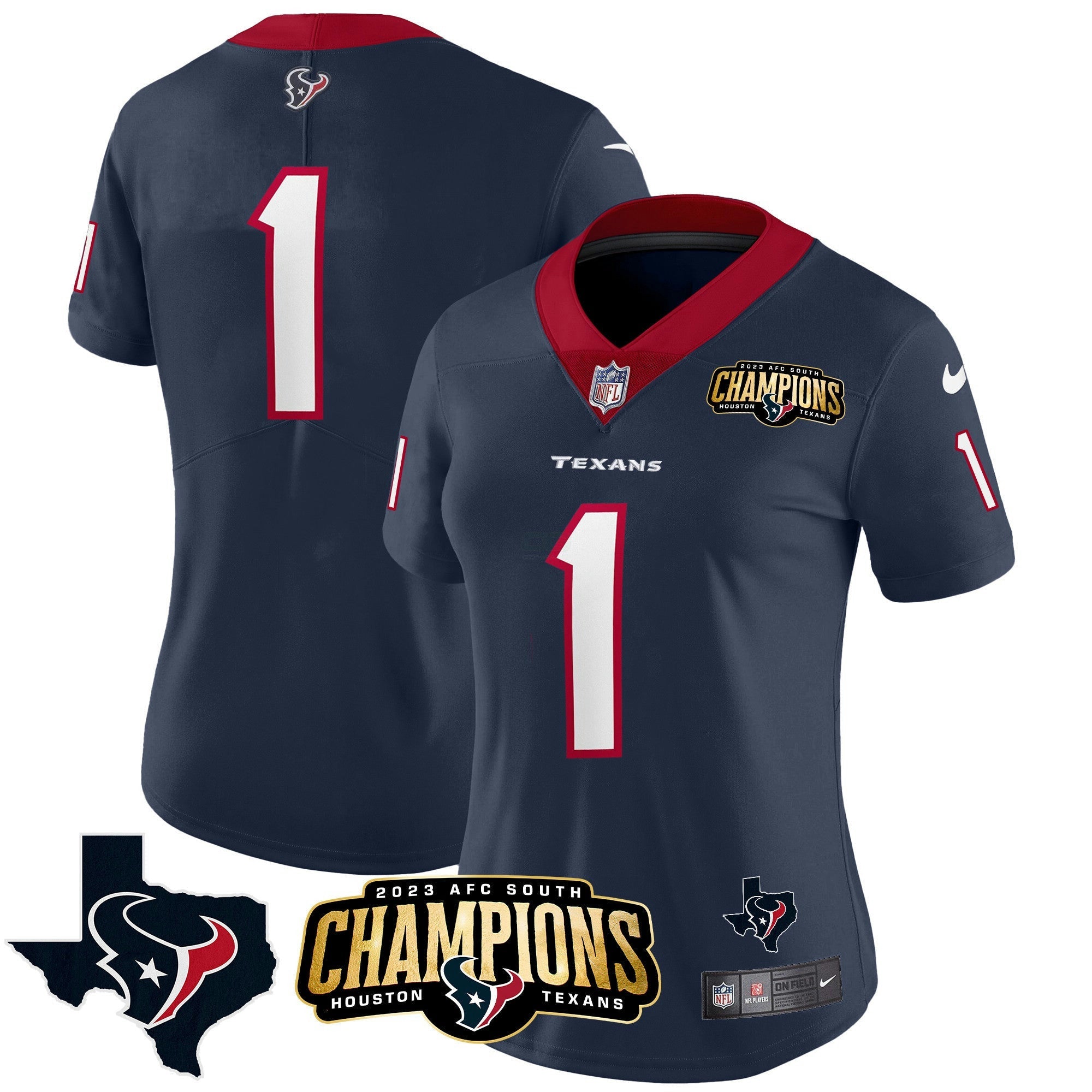 Camisa NFL Women’s Houston 2023 AFC South Champions Patch Vapor Jersey