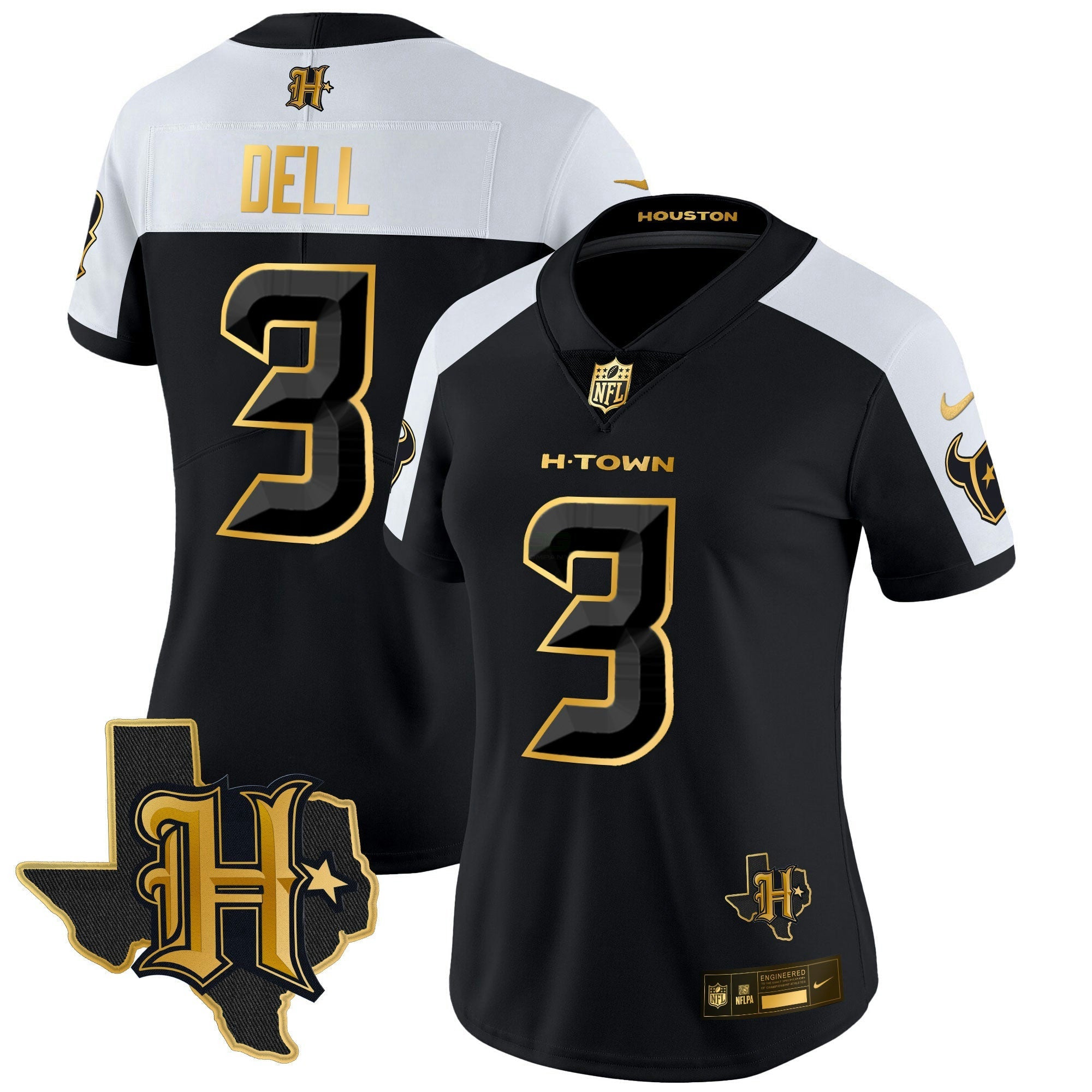 Camisa NFL Women’s Houston 2024 Texas Patch Dourada Vapor Limited Jersey