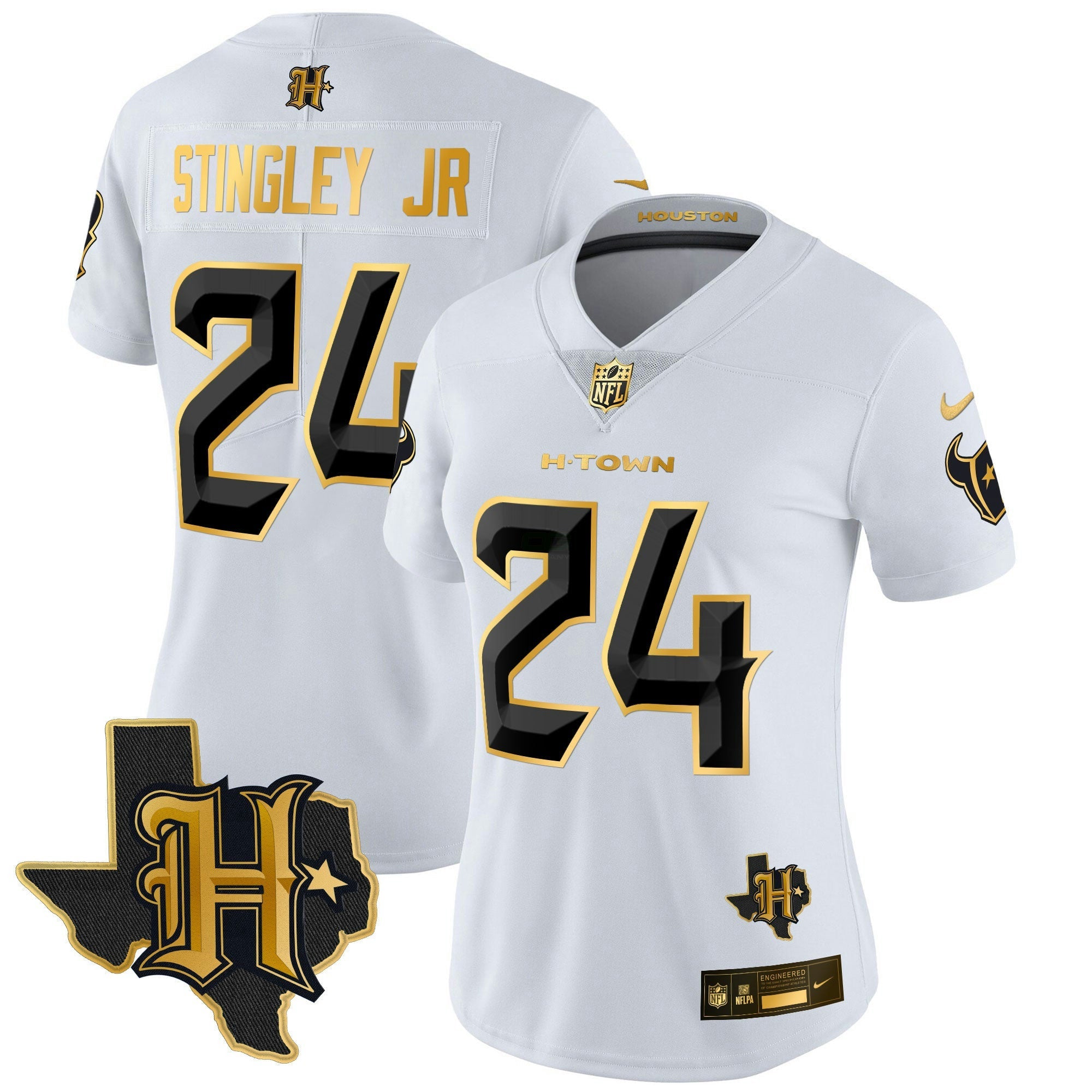 Camisa NFL Women’s Houston 2024 Texas Patch Dourada Vapor Limited Jersey