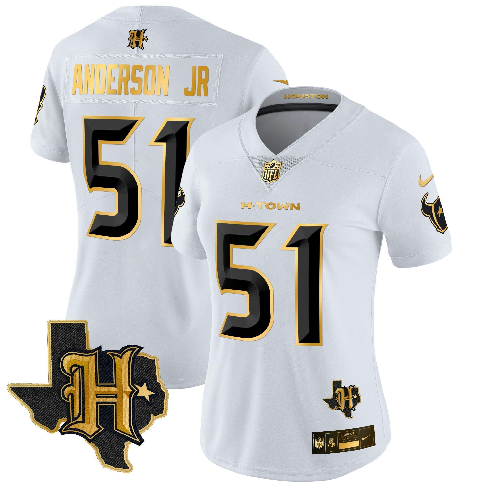 Camisa NFL Women’s Houston 2024 Texas Patch Dourada Vapor Limited Jersey