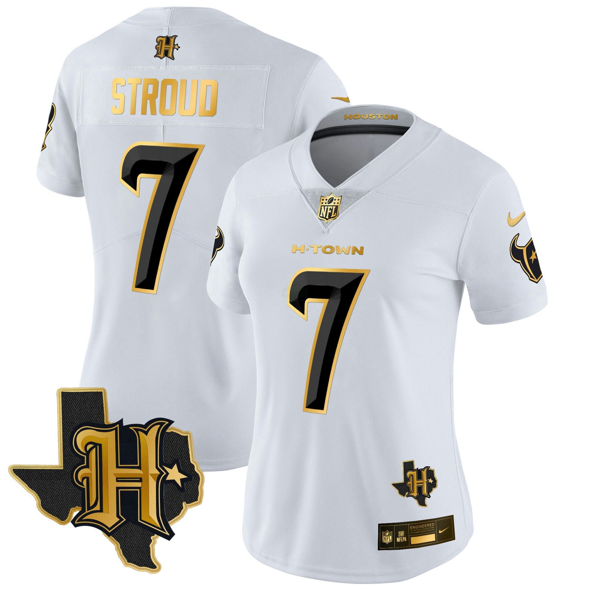Camisa NFL Women’s Houston 2024 Texas Patch Dourada Vapor Limited Jersey