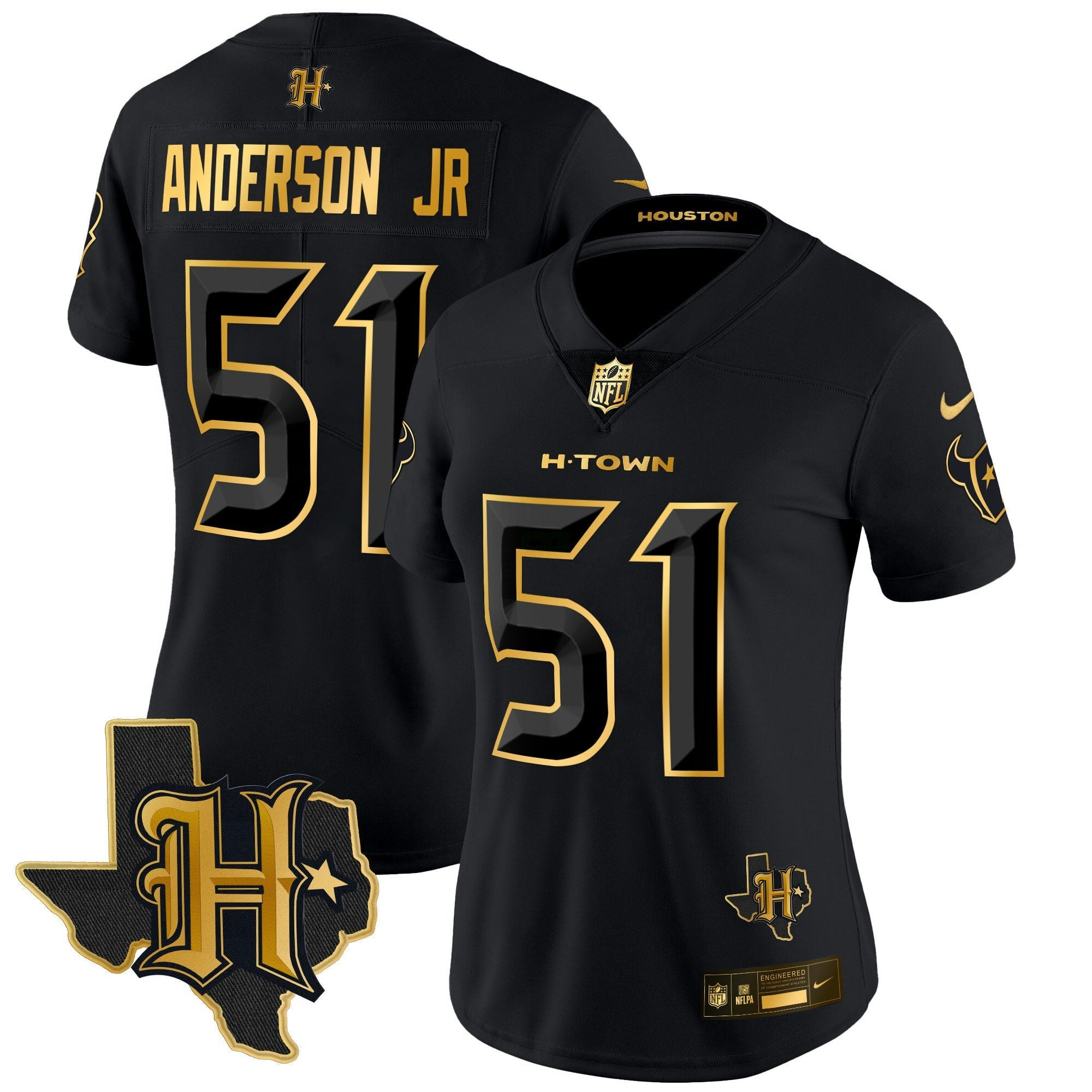 Camisa NFL Women’s Houston 2024 Texas Patch Dourada Vapor Limited Jersey
