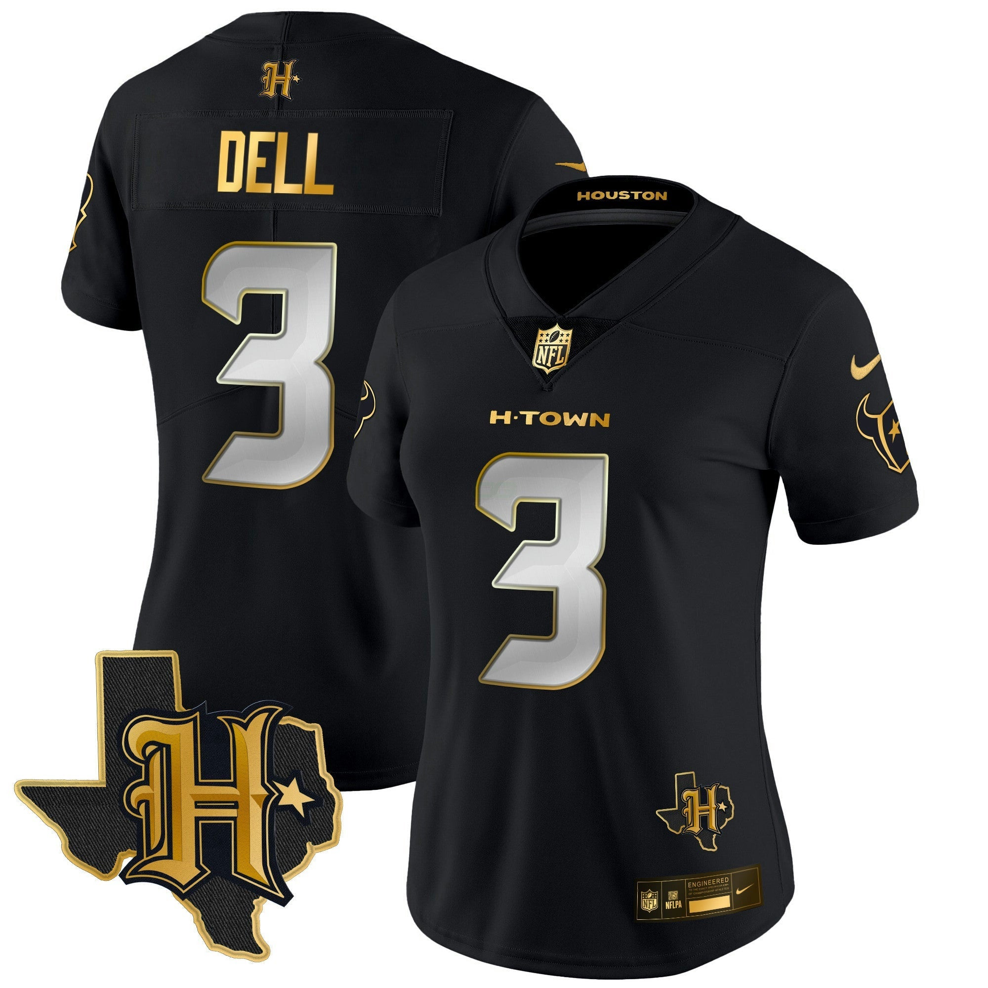 Camisa NFL Women’s Houston 2024 Texas Patch Dourada Vapor Limited Jersey