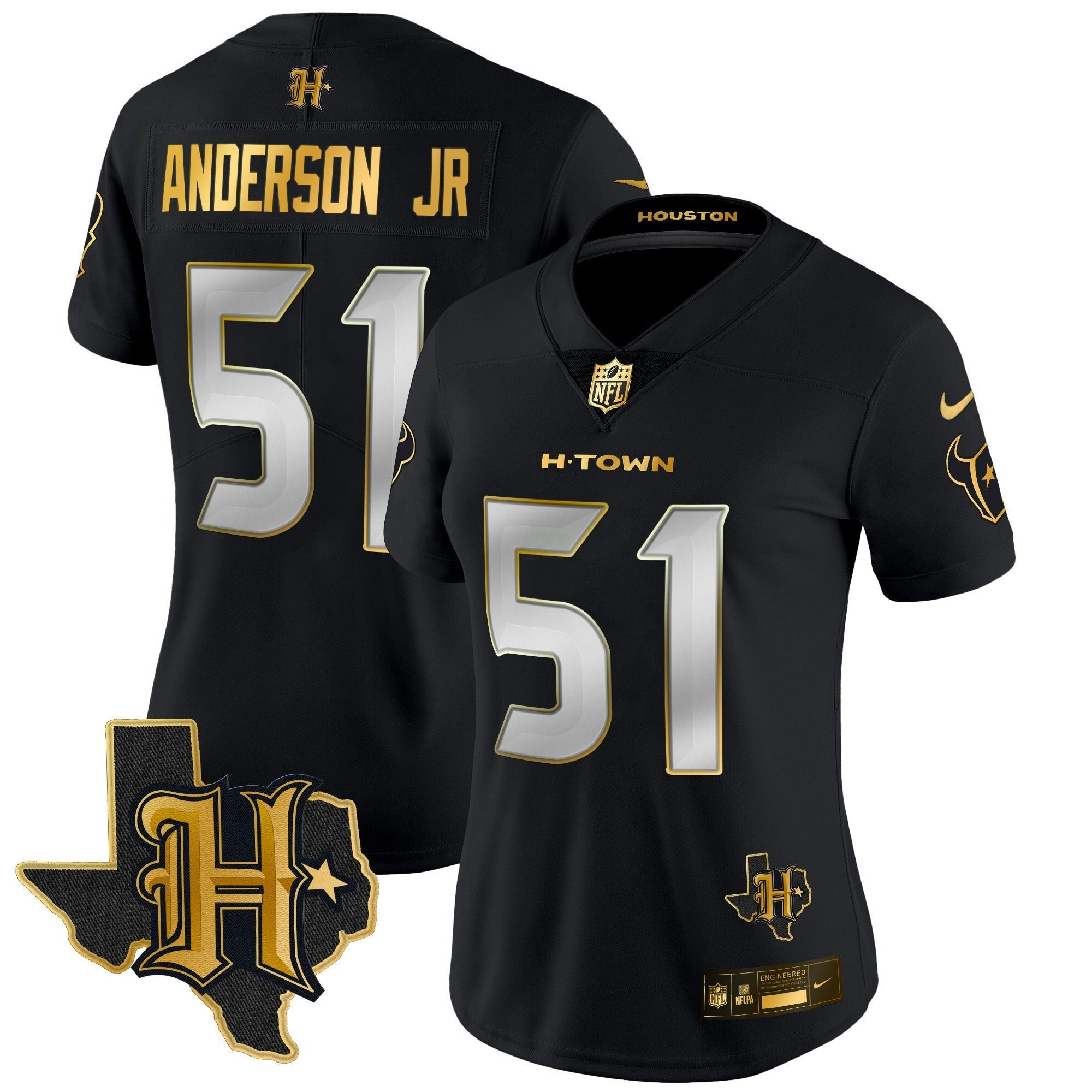 Camisa NFL Women’s Houston 2024 Texas Patch Dourada Vapor Limited Jersey