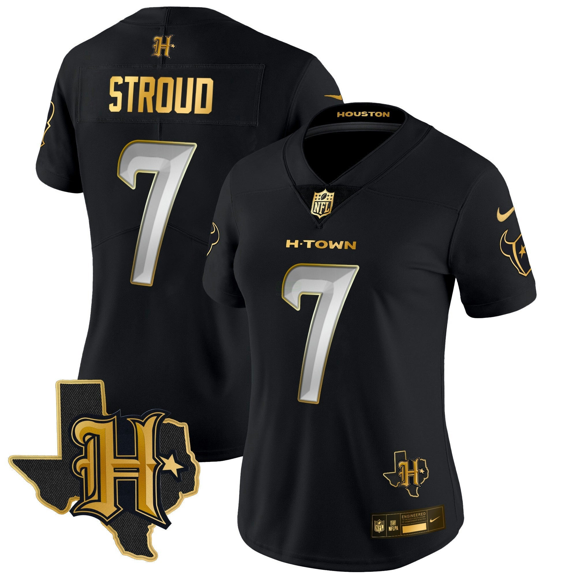 Camisa NFL Women’s Houston 2024 Texas Patch Dourada Vapor Limited Jersey