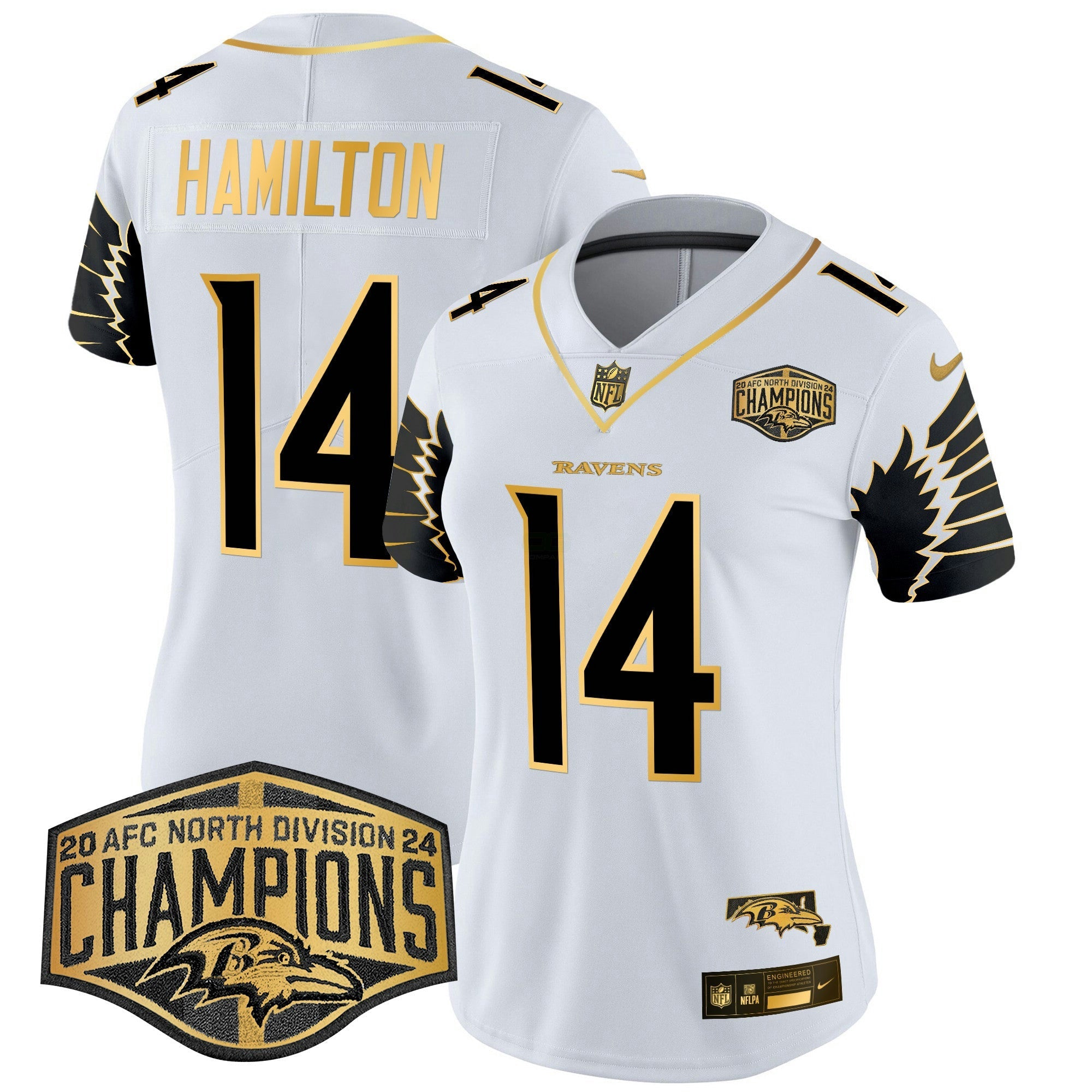 Camisa NFL Women’s Maryland 2024 AFC North Division Champions Patch Dourada Vapor Limited Jersey