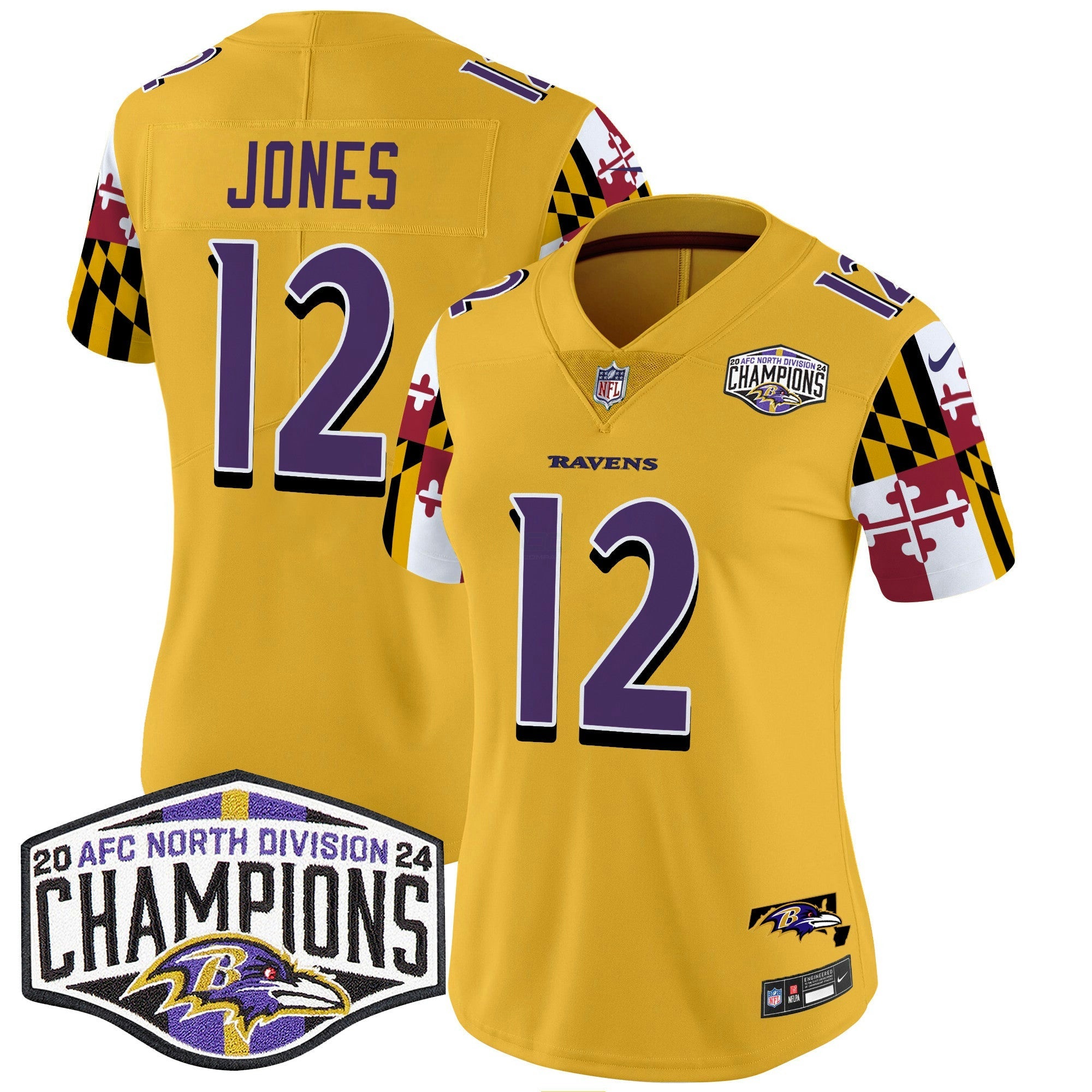 Camisa NFL Women’s Maryland Flag 2024 AFC North Division Champions Patch Vapor Limited Jersey