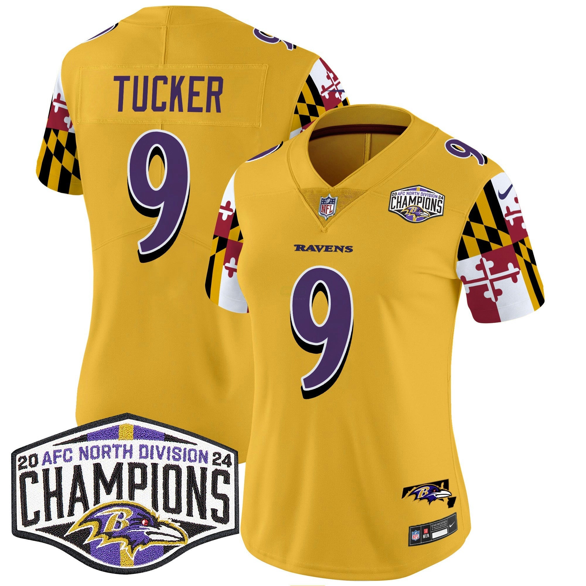 Camisa NFL Women’s Maryland Flag 2024 AFC North Division Champions Patch Vapor Limited Jersey