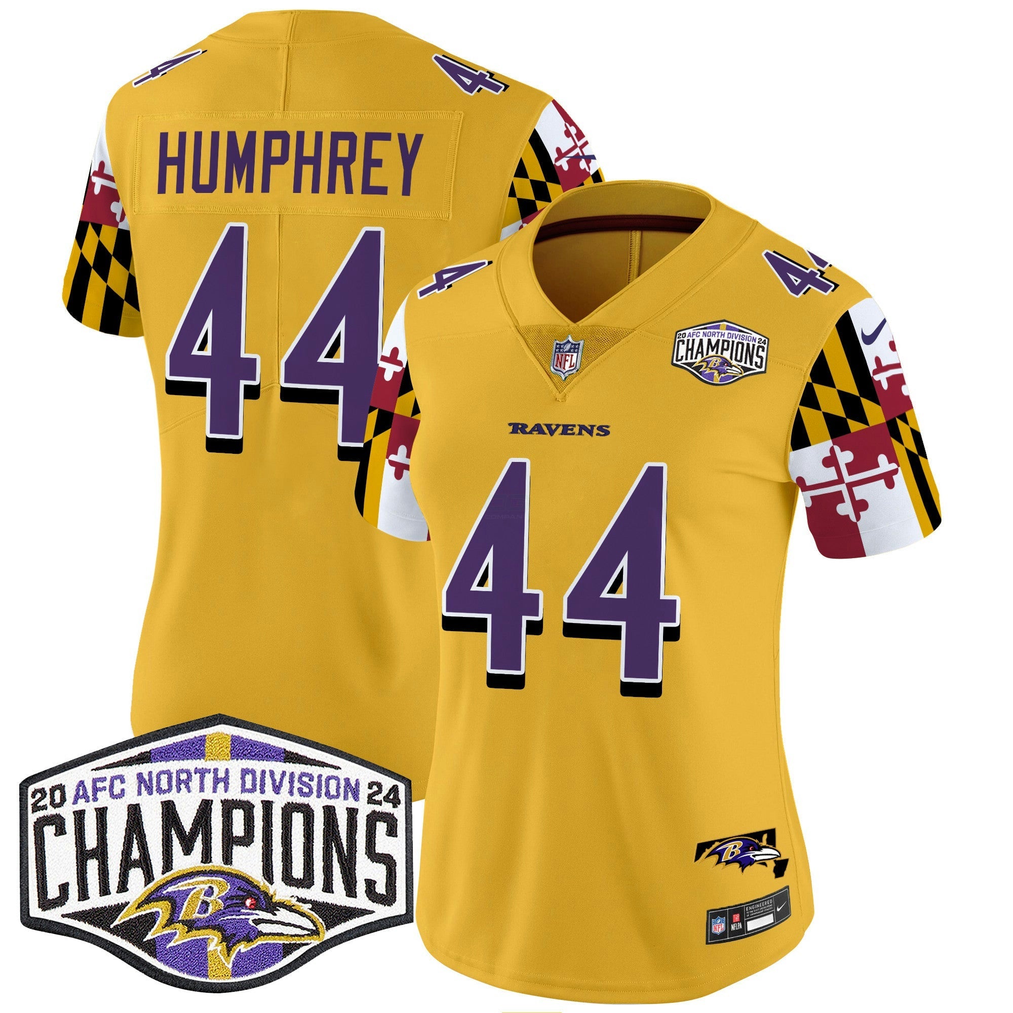 Camisa NFL Women’s Maryland Flag 2024 AFC North Division Champions Patch Vapor Limited Jersey