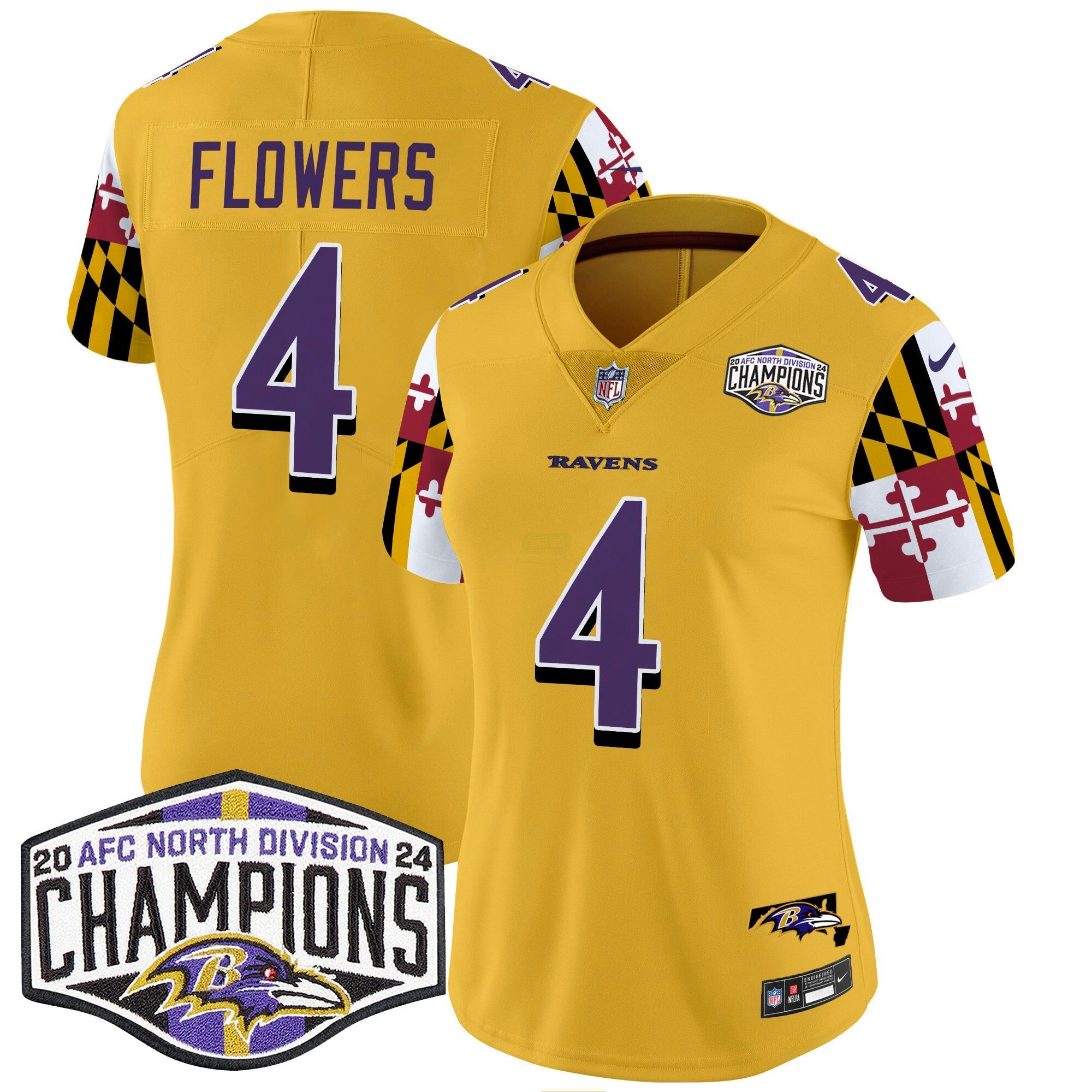 Camisa NFL Women’s Maryland Flag 2024 AFC North Division Champions Patch Vapor Limited Jersey