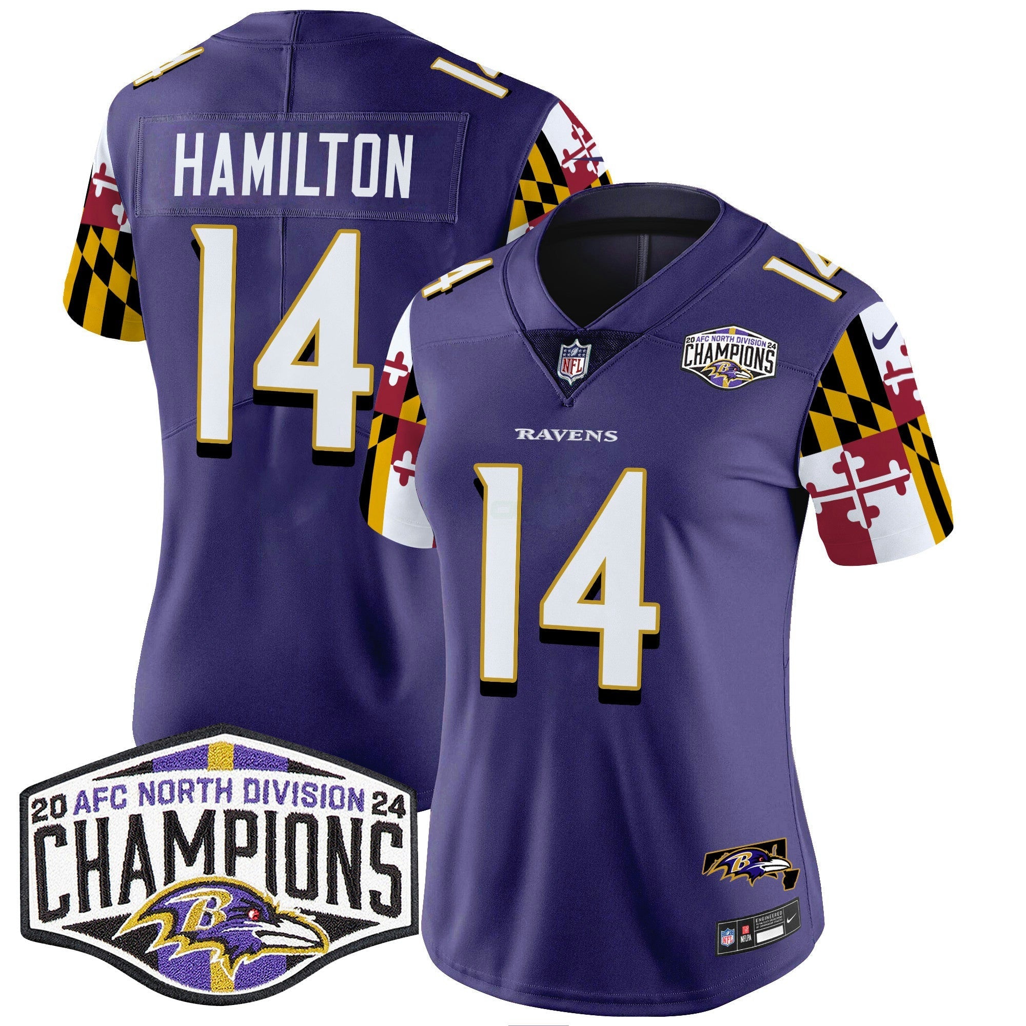 Camisa NFL Women’s Maryland Flag 2024 AFC North Division Champions Patch Vapor Limited Jersey