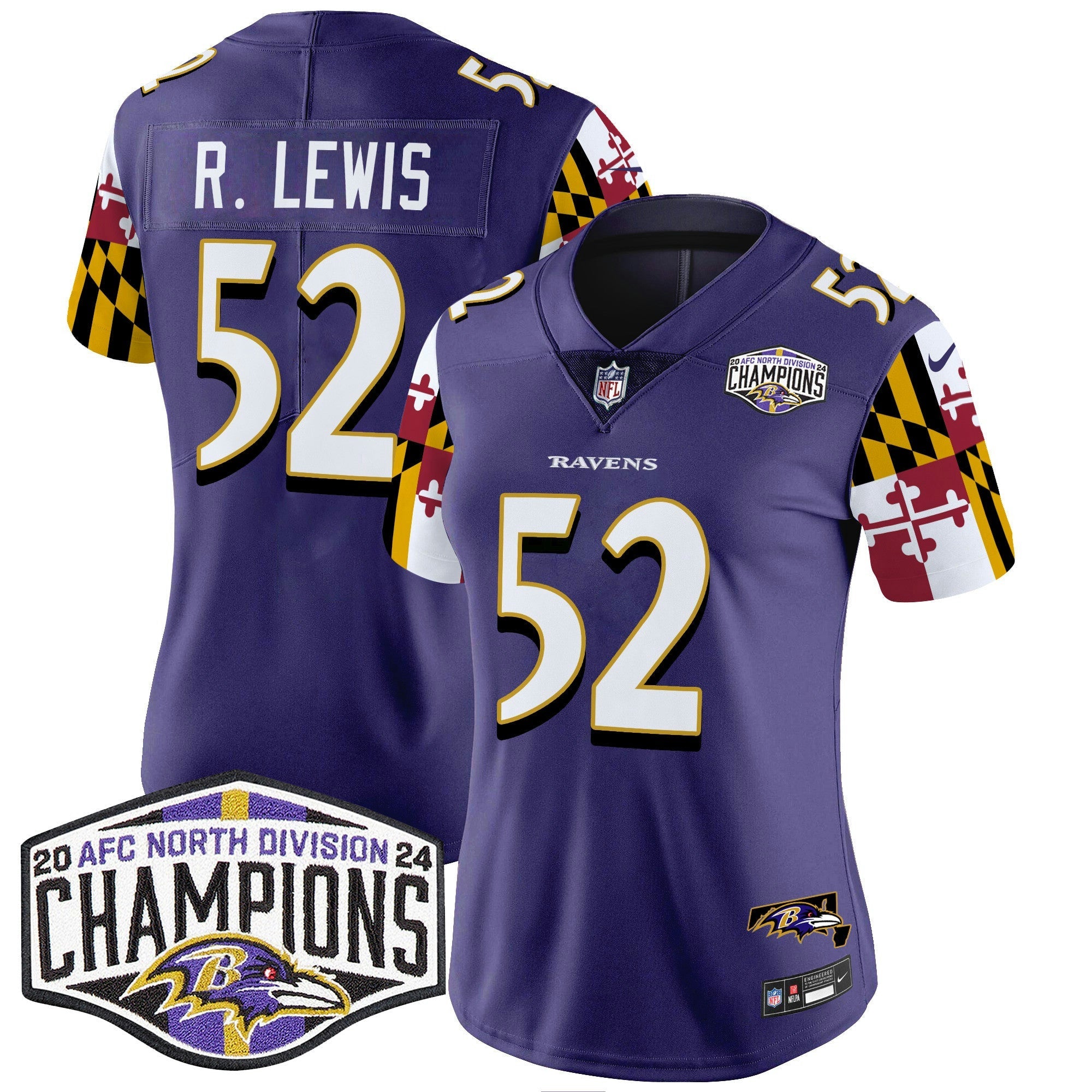 Camisa NFL Women’s Maryland Flag 2024 AFC North Division Champions Patch Vapor Limited Jersey