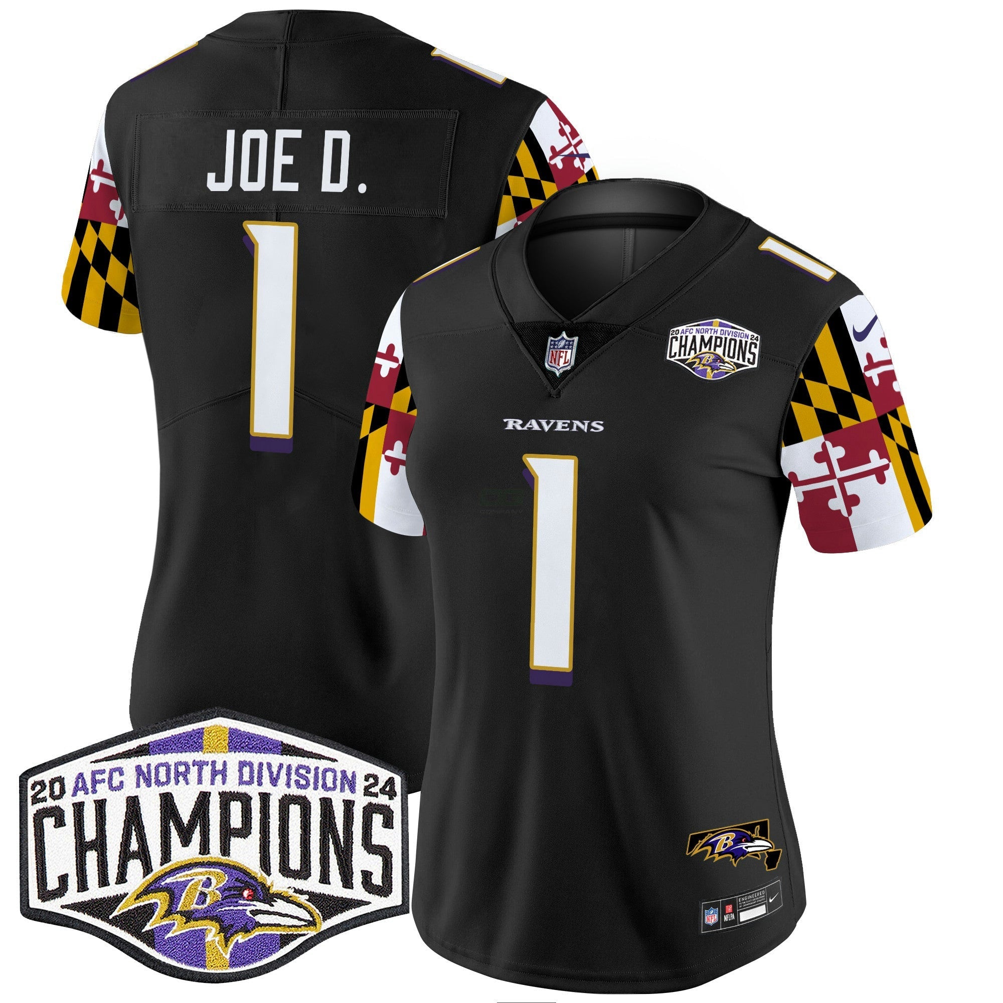 Camisa NFL Women’s Maryland Flag 2024 AFC North Division Champions Patch Vapor Limited Jersey
