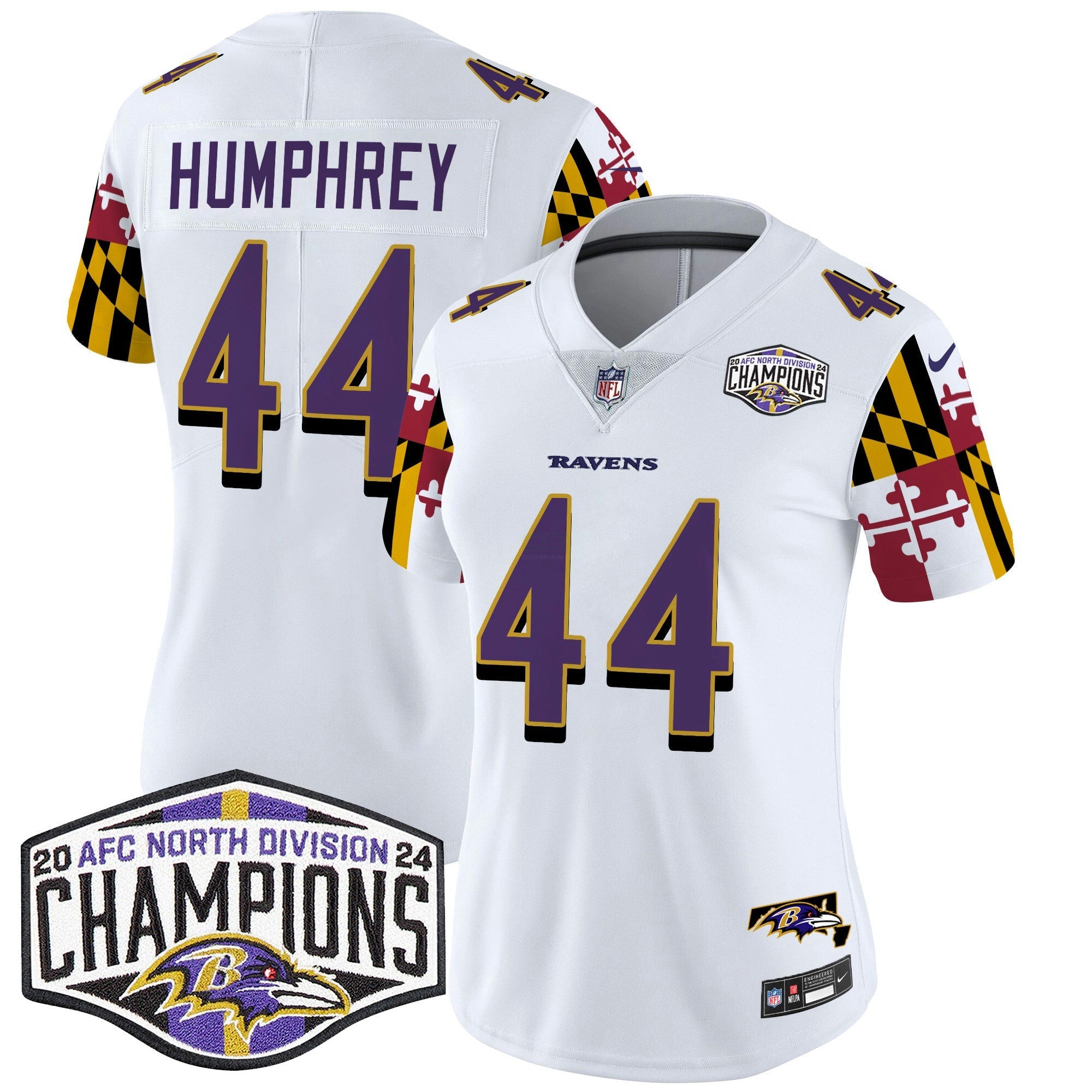 Camisa NFL Women’s Maryland Flag 2024 AFC North Division Champions Patch Vapor Limited Jersey