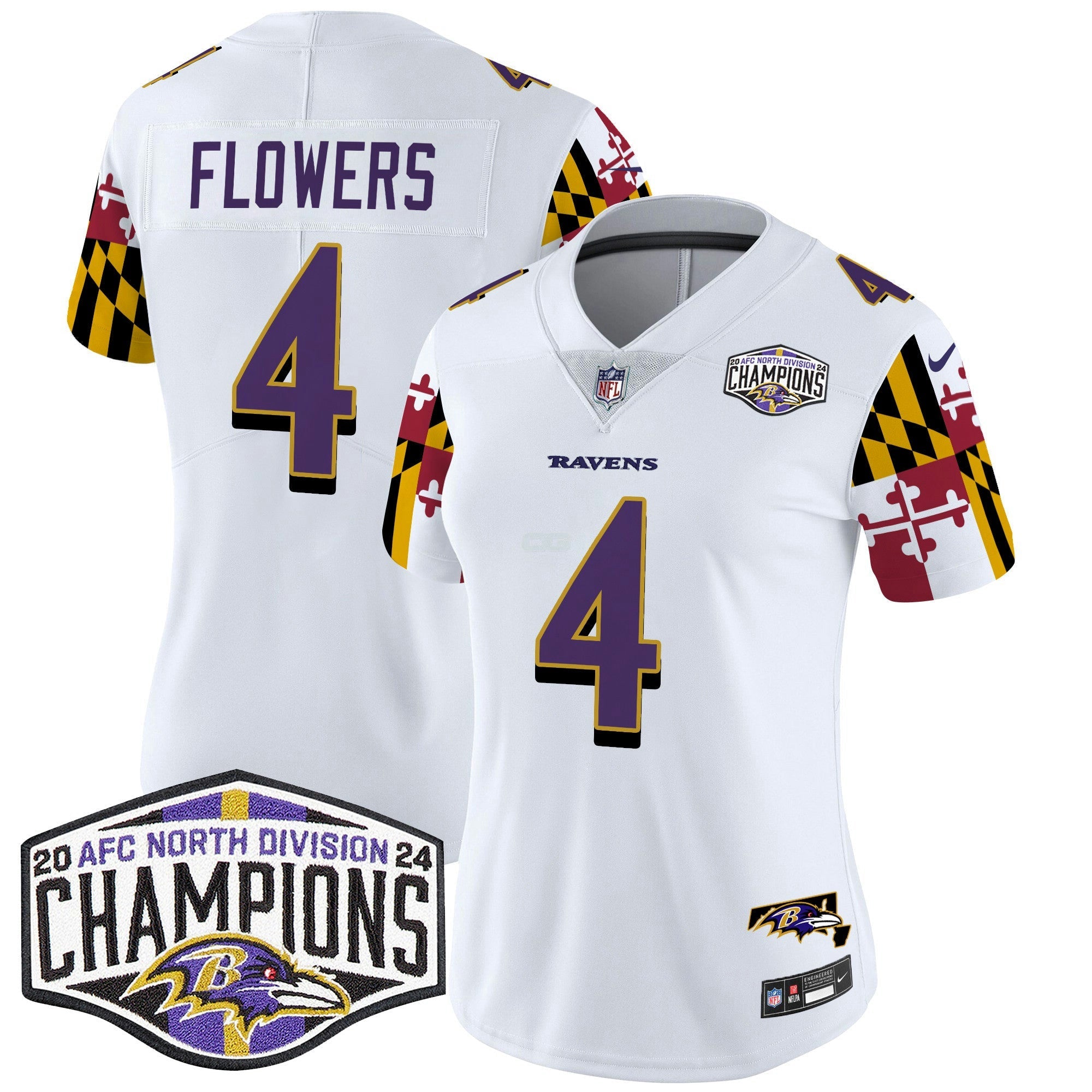 Camisa NFL Women’s Maryland Flag 2024 AFC North Division Champions Patch Vapor Limited Jersey